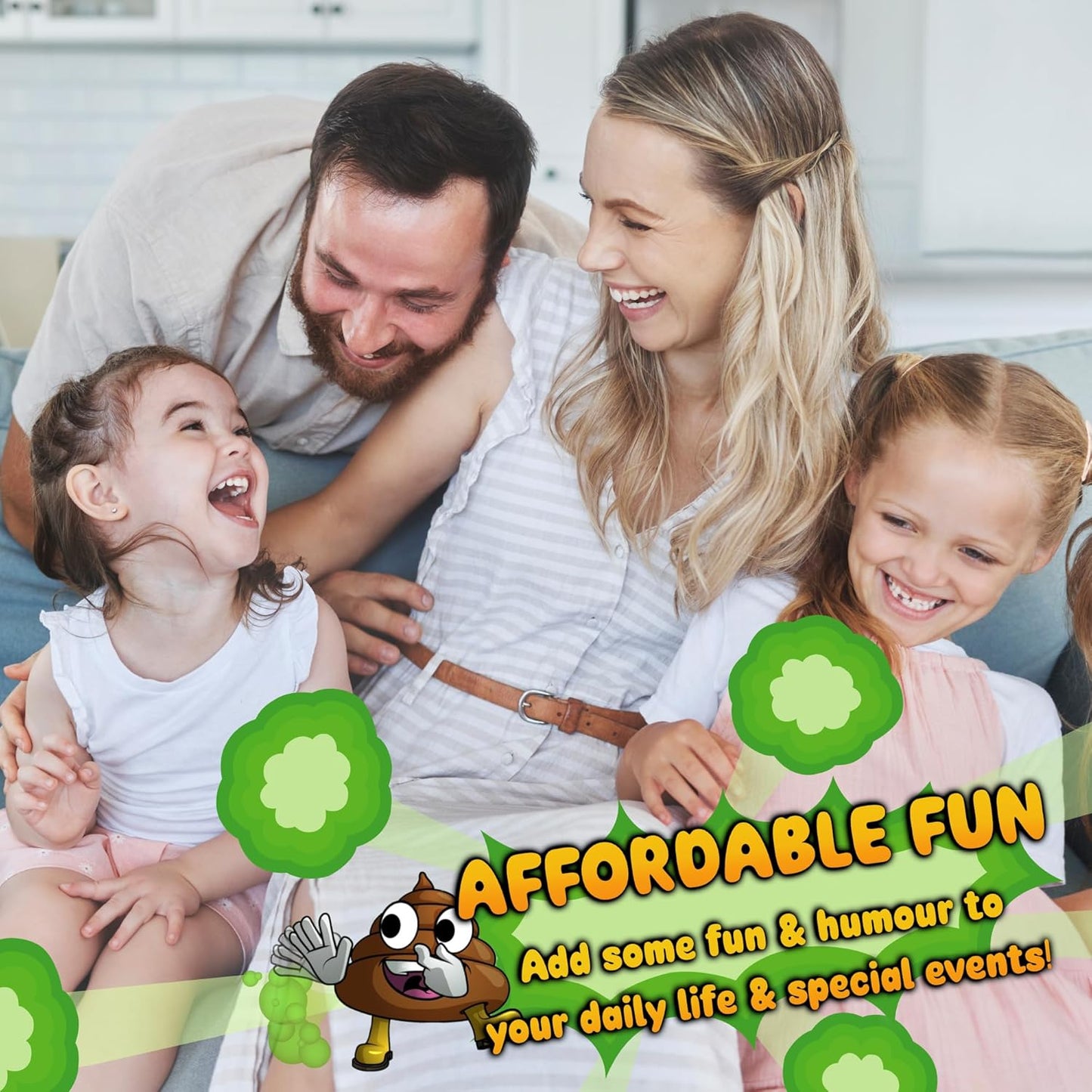 Family all laughing about Mr Farts fart putty with graphic saying it is affordable.