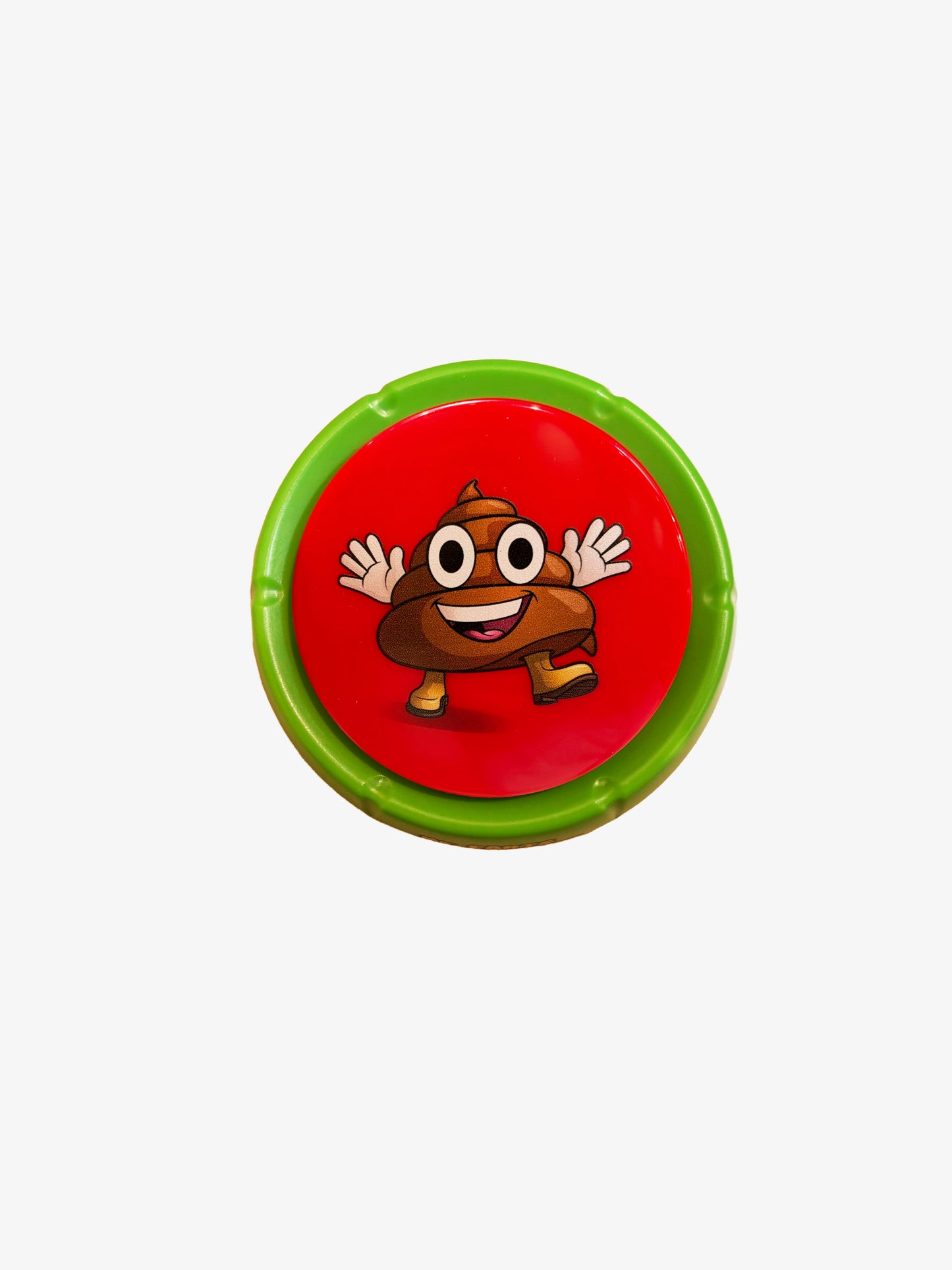 Round red Mr Frats fart button with a cartoon mr farts emoji on a white background