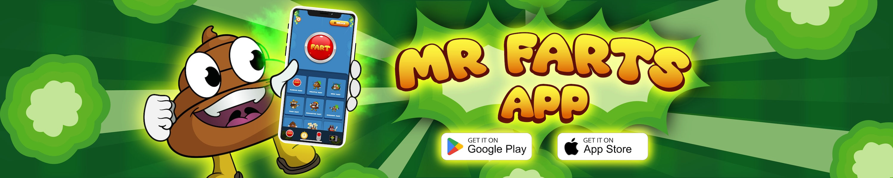 Mr Farts with the Fart Button app in his hand across big graphic banner with the app available in Google Play and the App Store