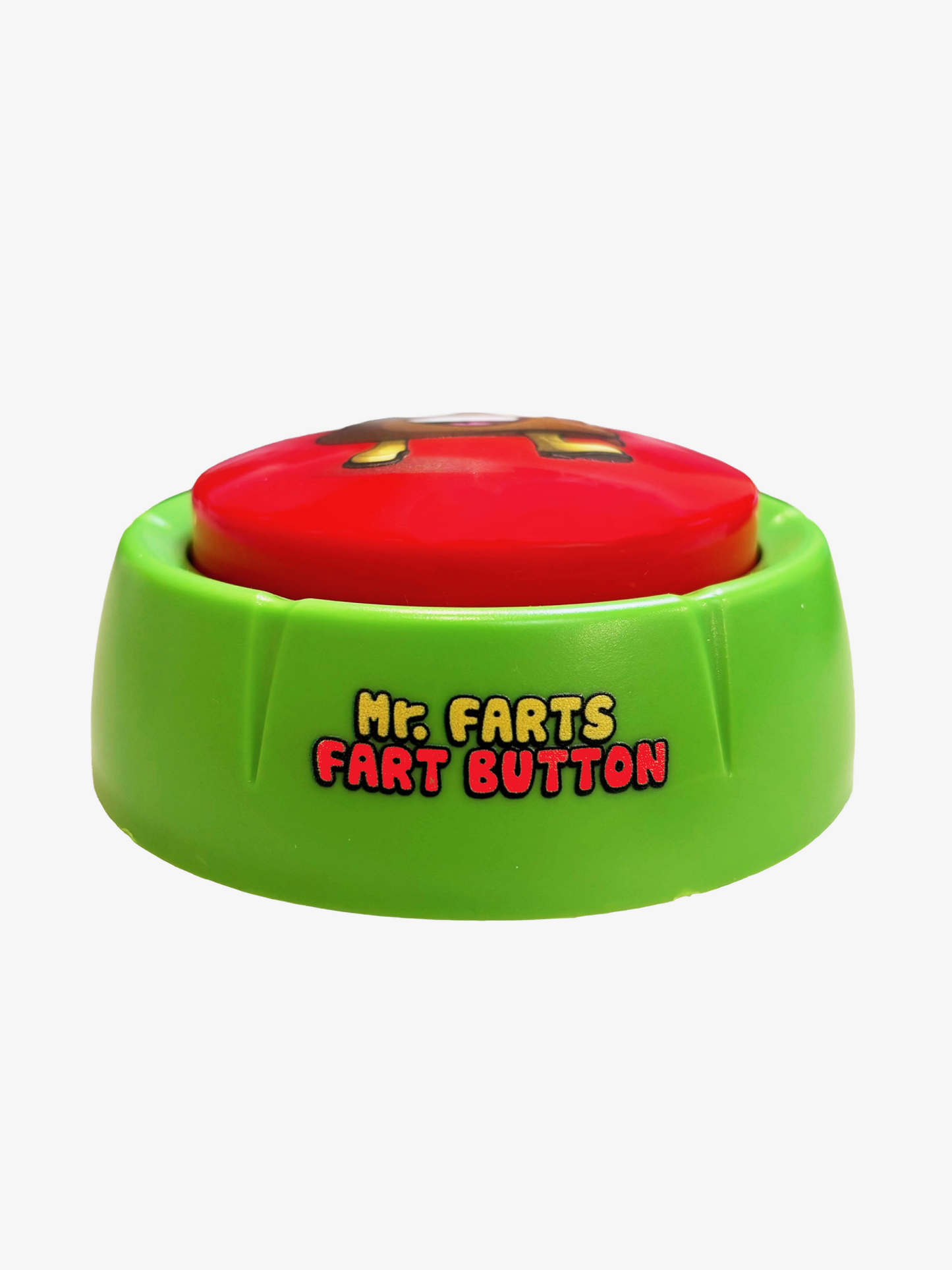 Green and red 'Mr. Farts Fart Button' toy on a white background front angle