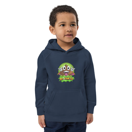 Front view of Mr Farts kids eco hoodie with cartoon print in navy