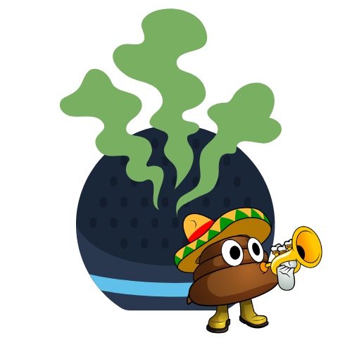 Mr Farts from Taco Farts in a sombrero playing a trumpet and green gas rising behind him