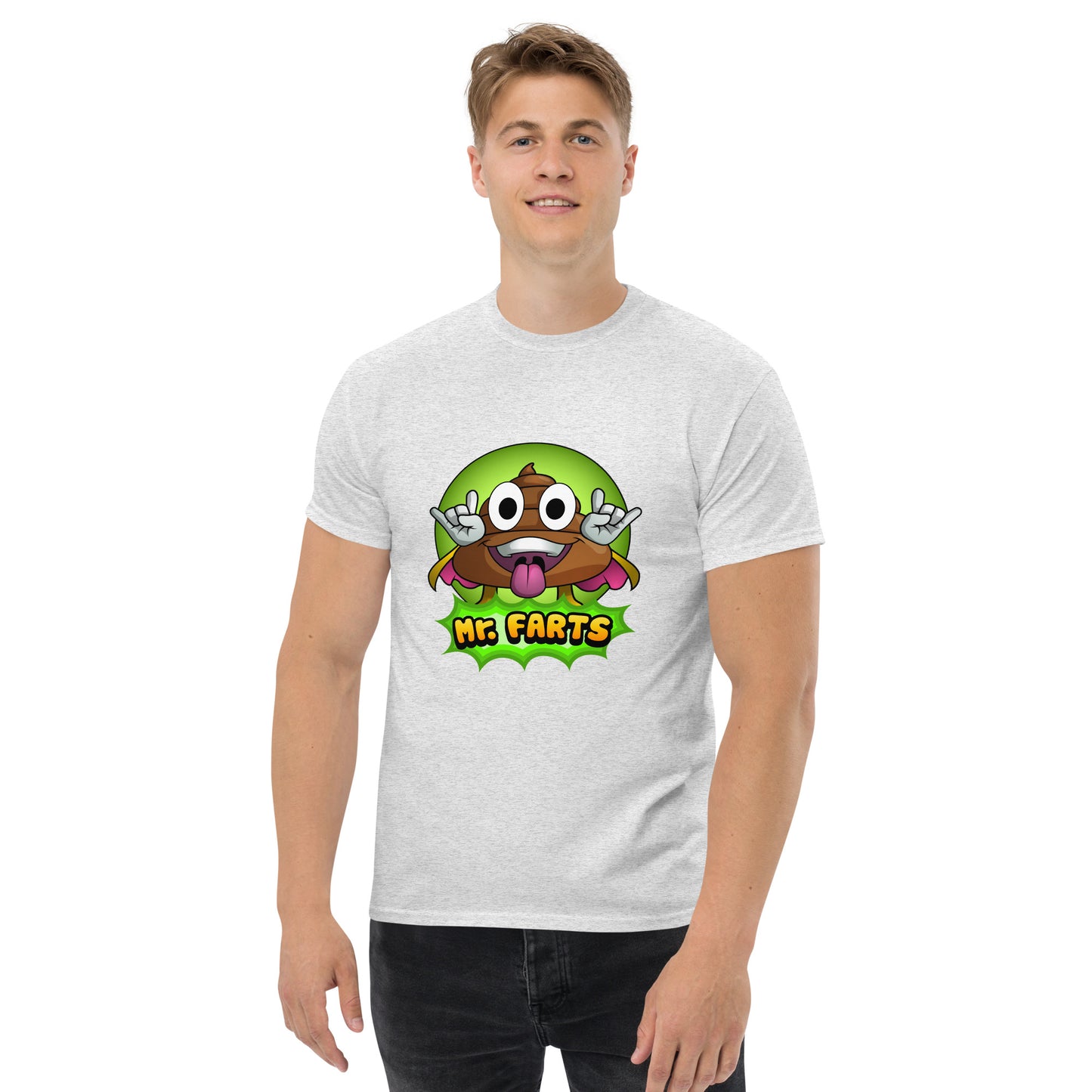 Front view of Mr Farts classic t-shirt in ash