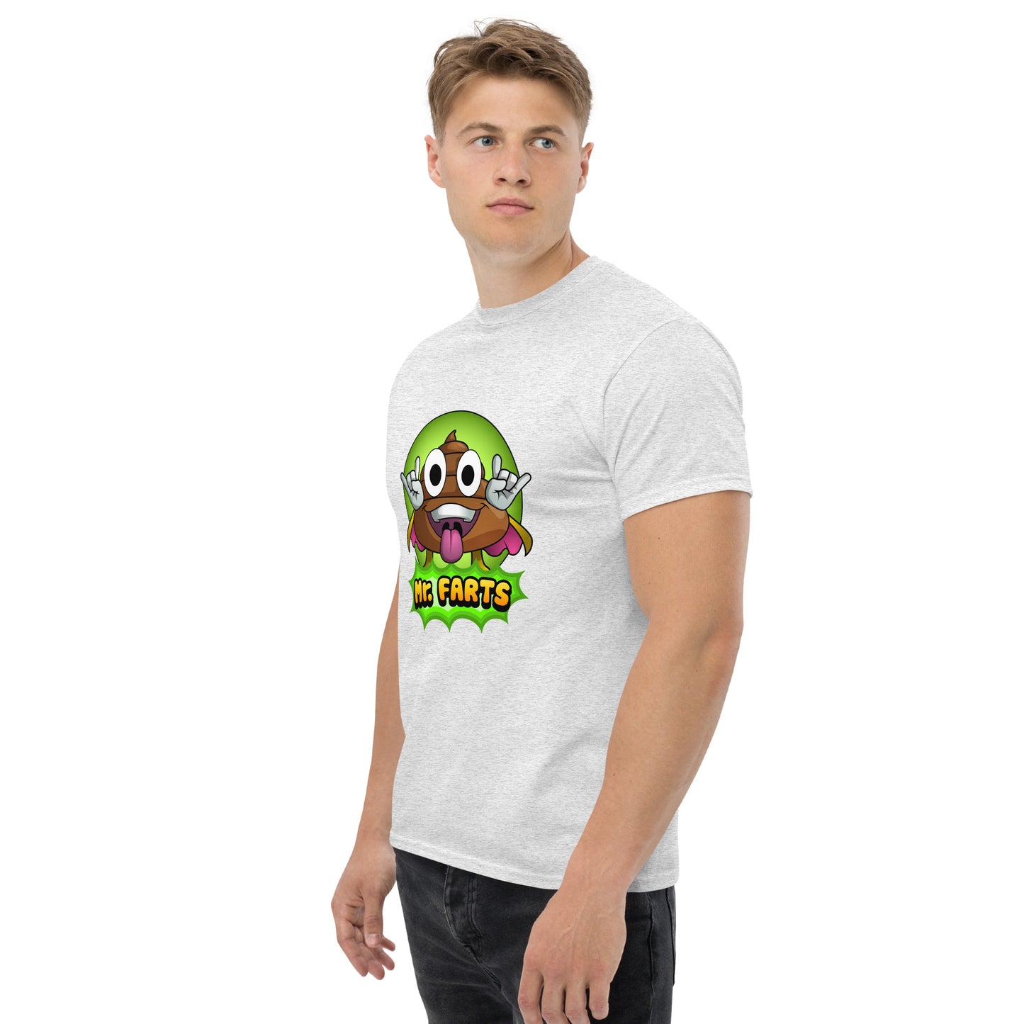 Left angled view of Mr Farts t-shirt in ash