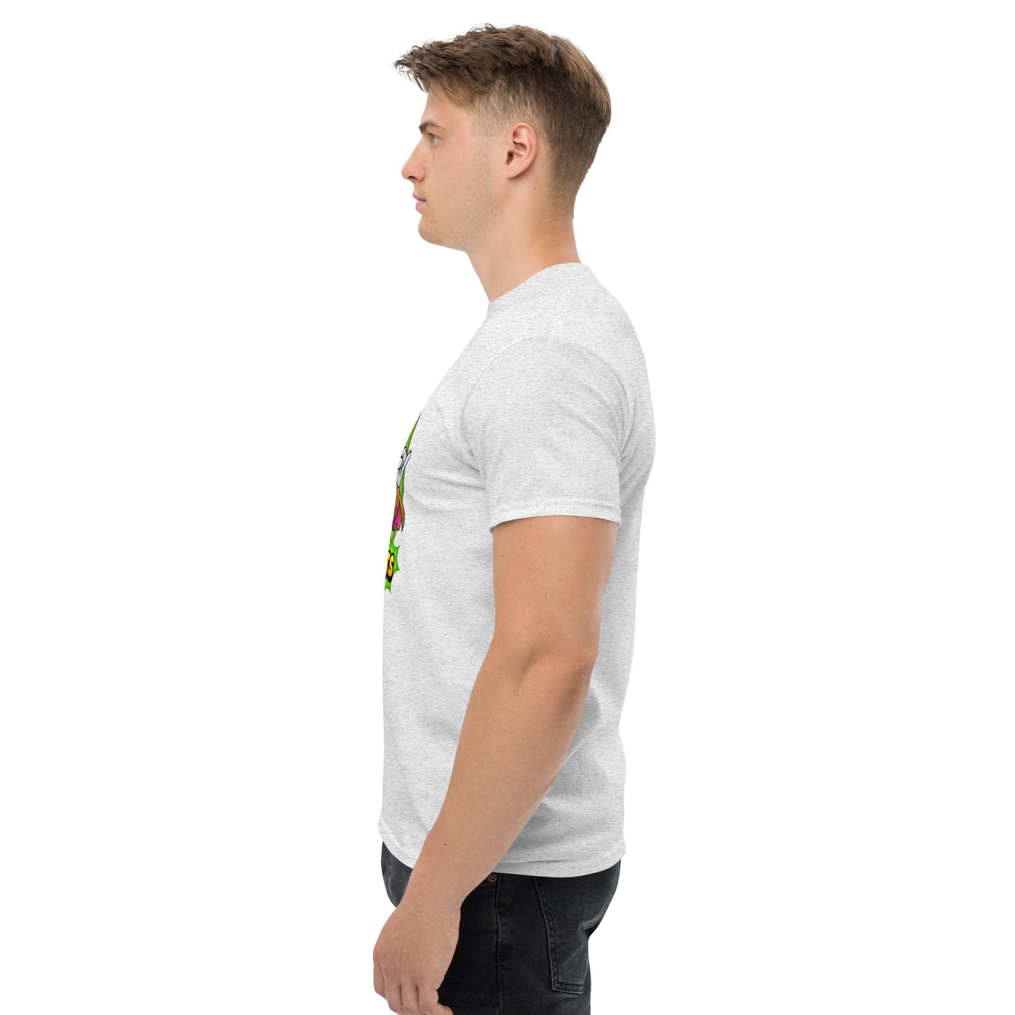 Left side profile of Mr Farts t-shirt in ash