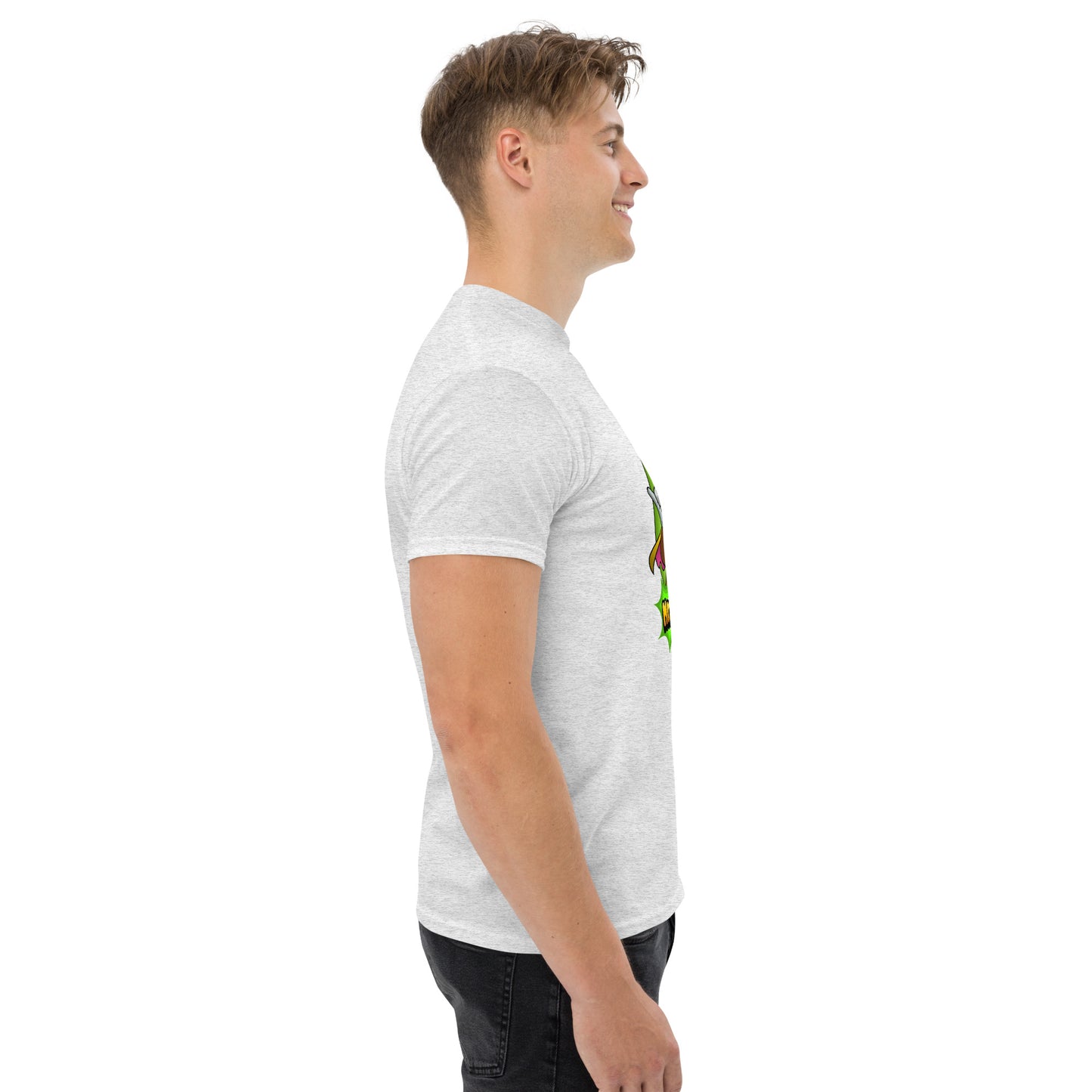 Right side profile of Mr Farts t-shirt in ash