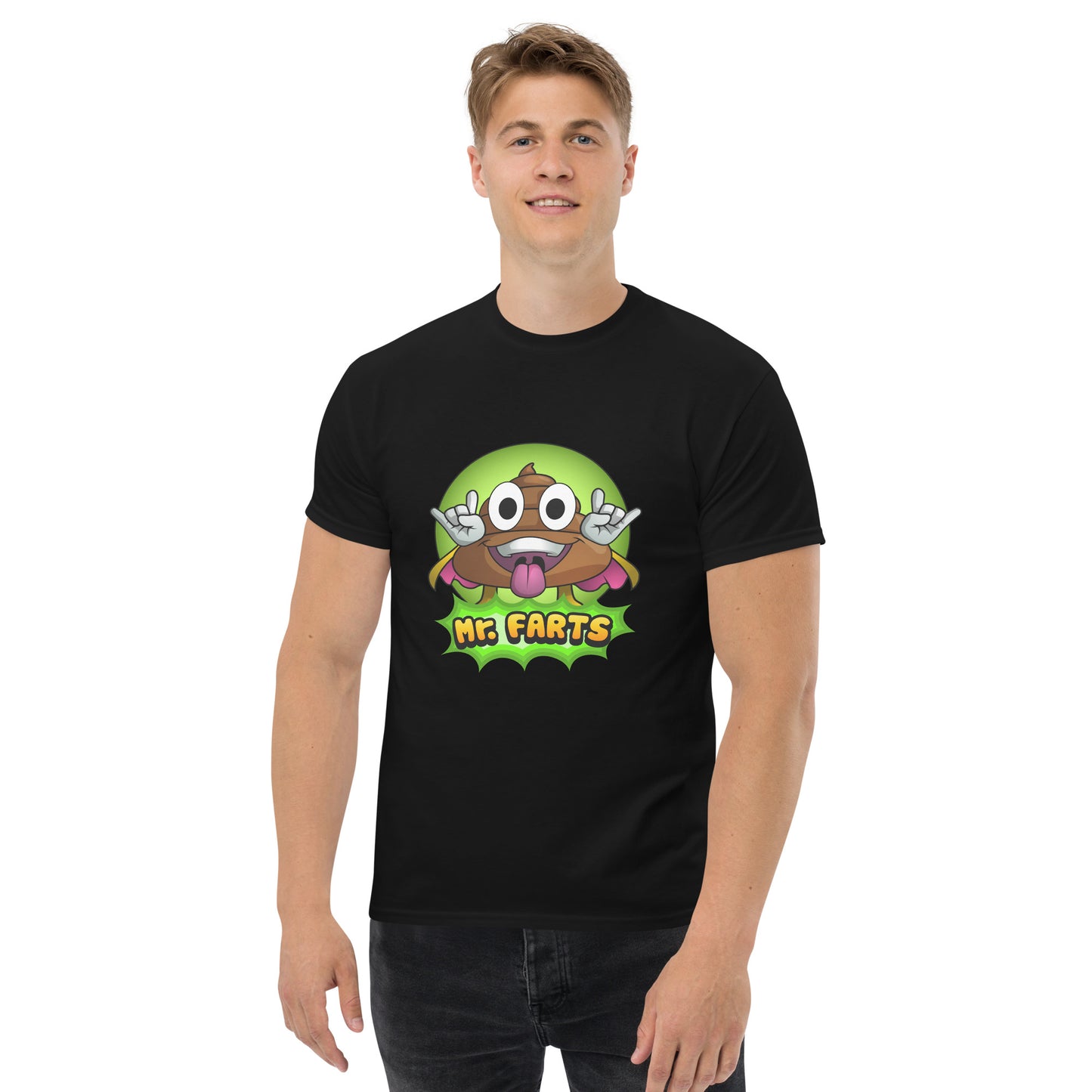 Front view of Mr Farts classic t-shirt in balck