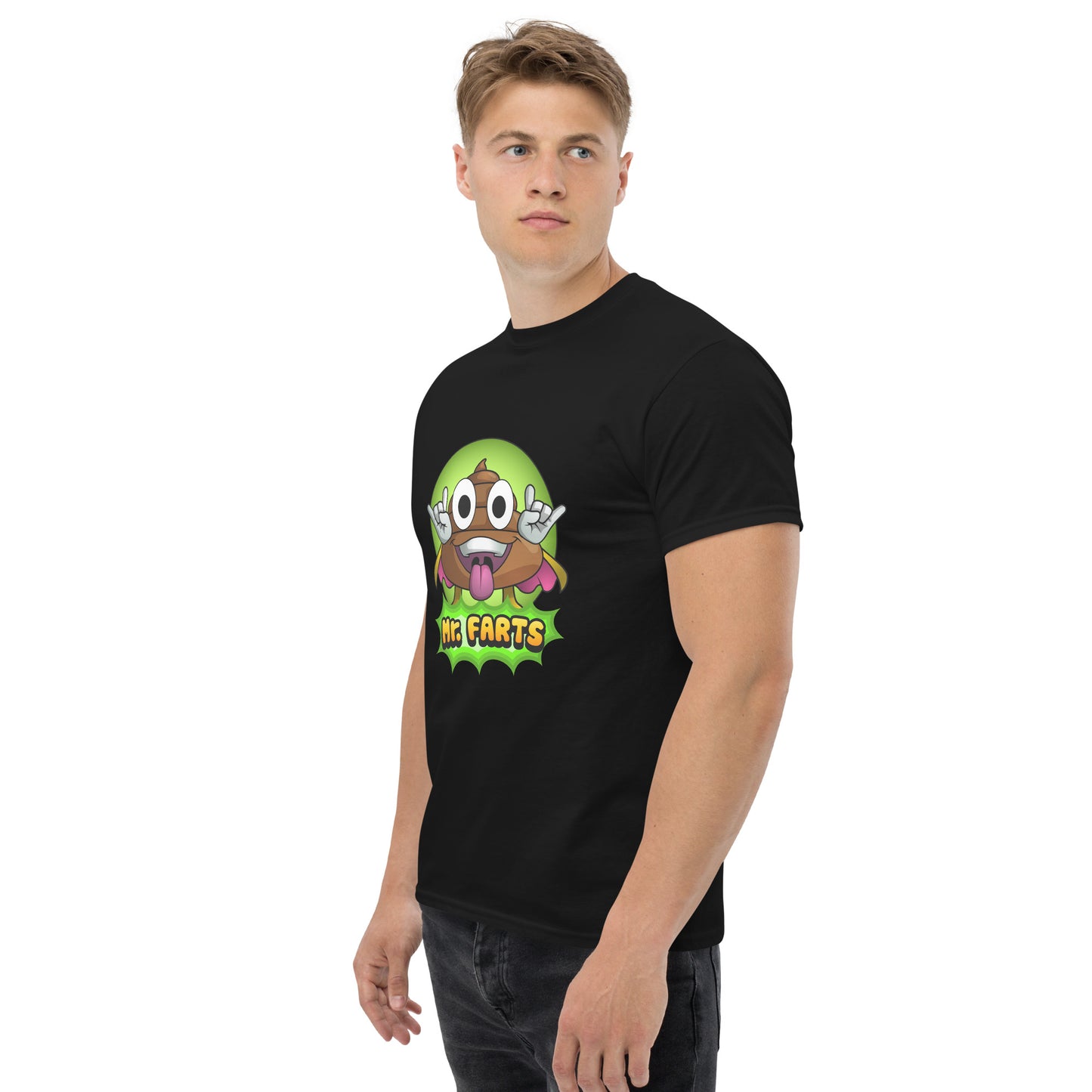 Left angled view of Mr Farts t-shirt in black