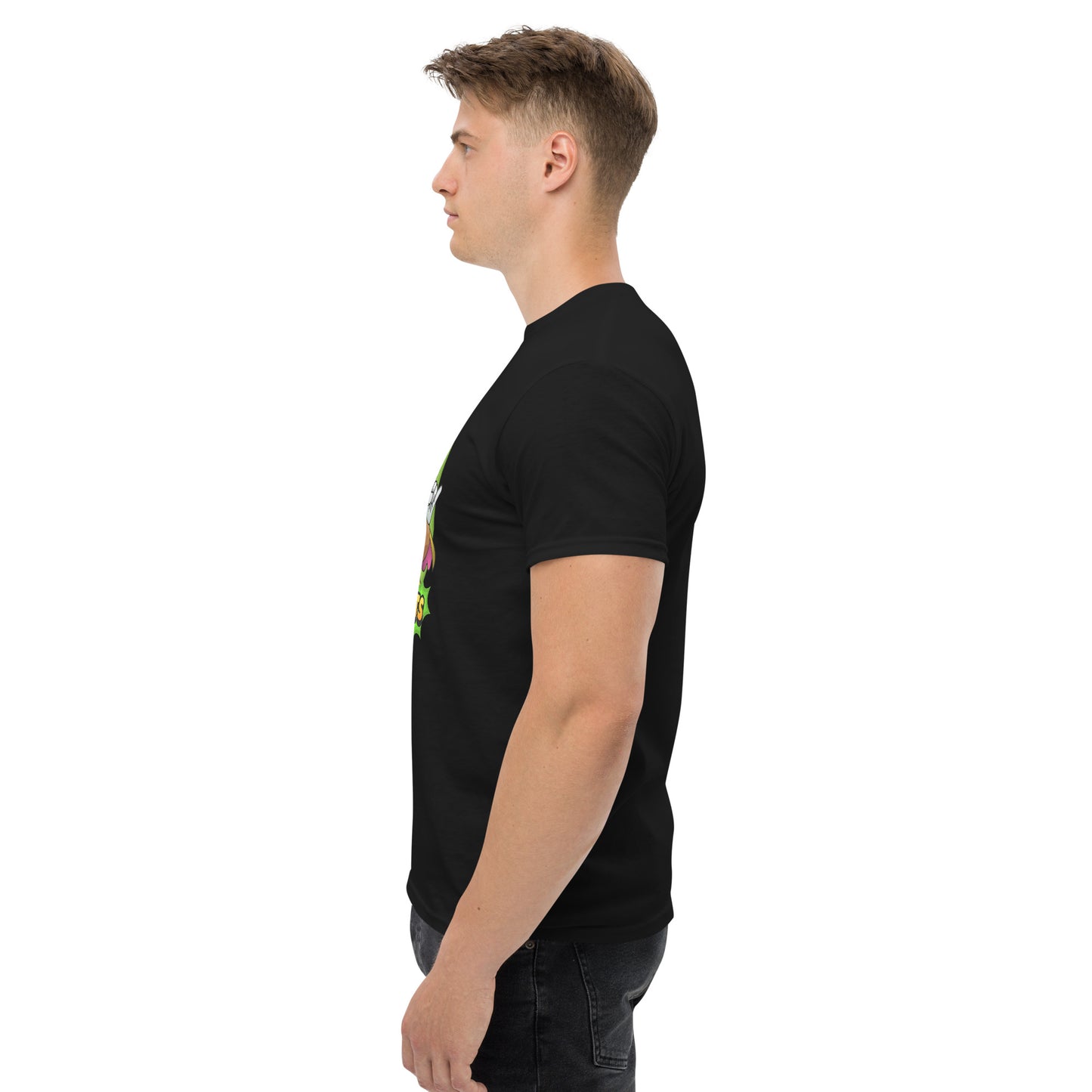 Left side profile of Mr Farts t-shirt in Black