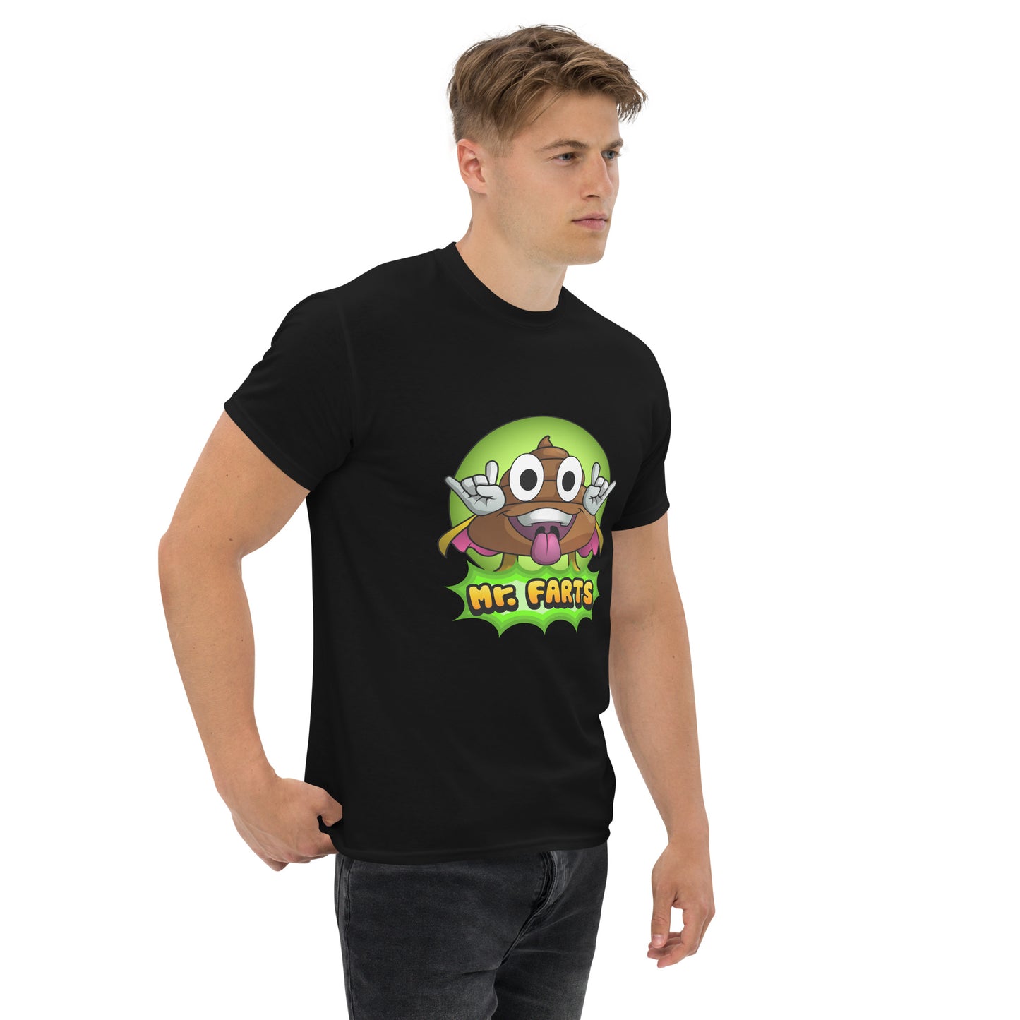 Right angled view of Mr Farts t-shirt in black