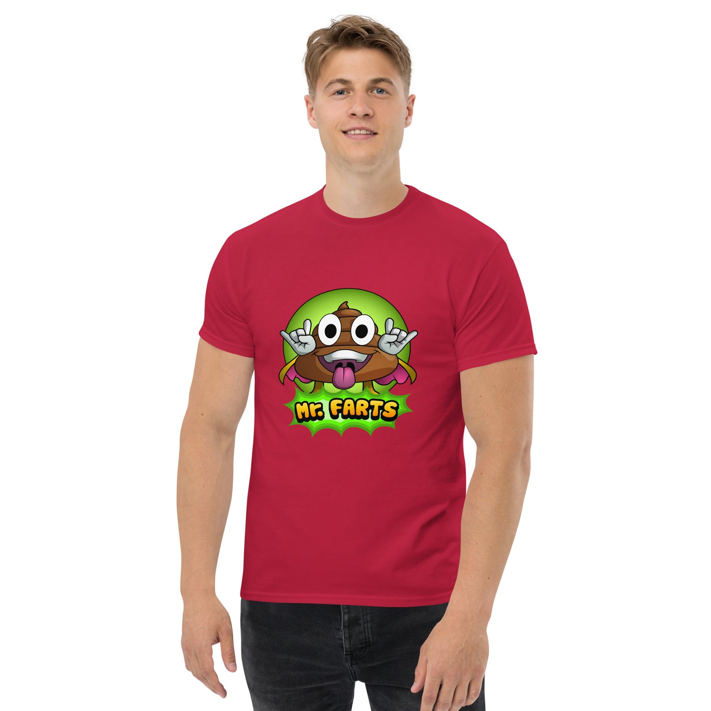 Front view of Mr Farts classic t-shirt in Red