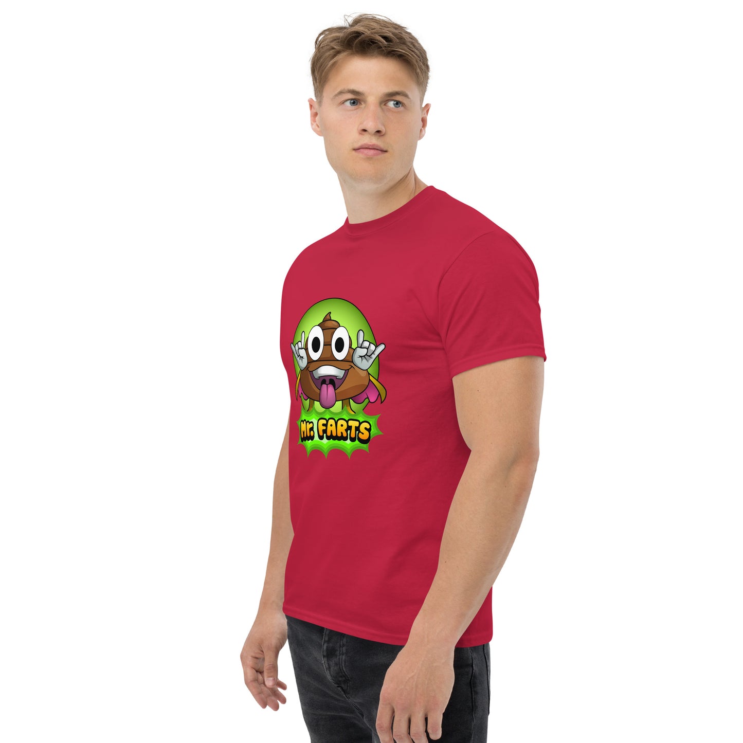 Left angled view of Mr Farts t-shirt in Red