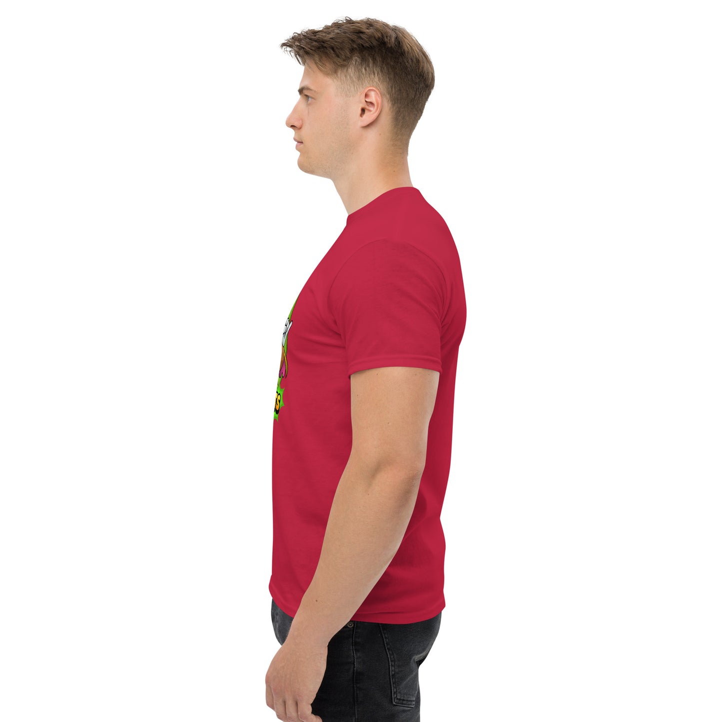 Left side profile of Mr Farts t-shirt in Red