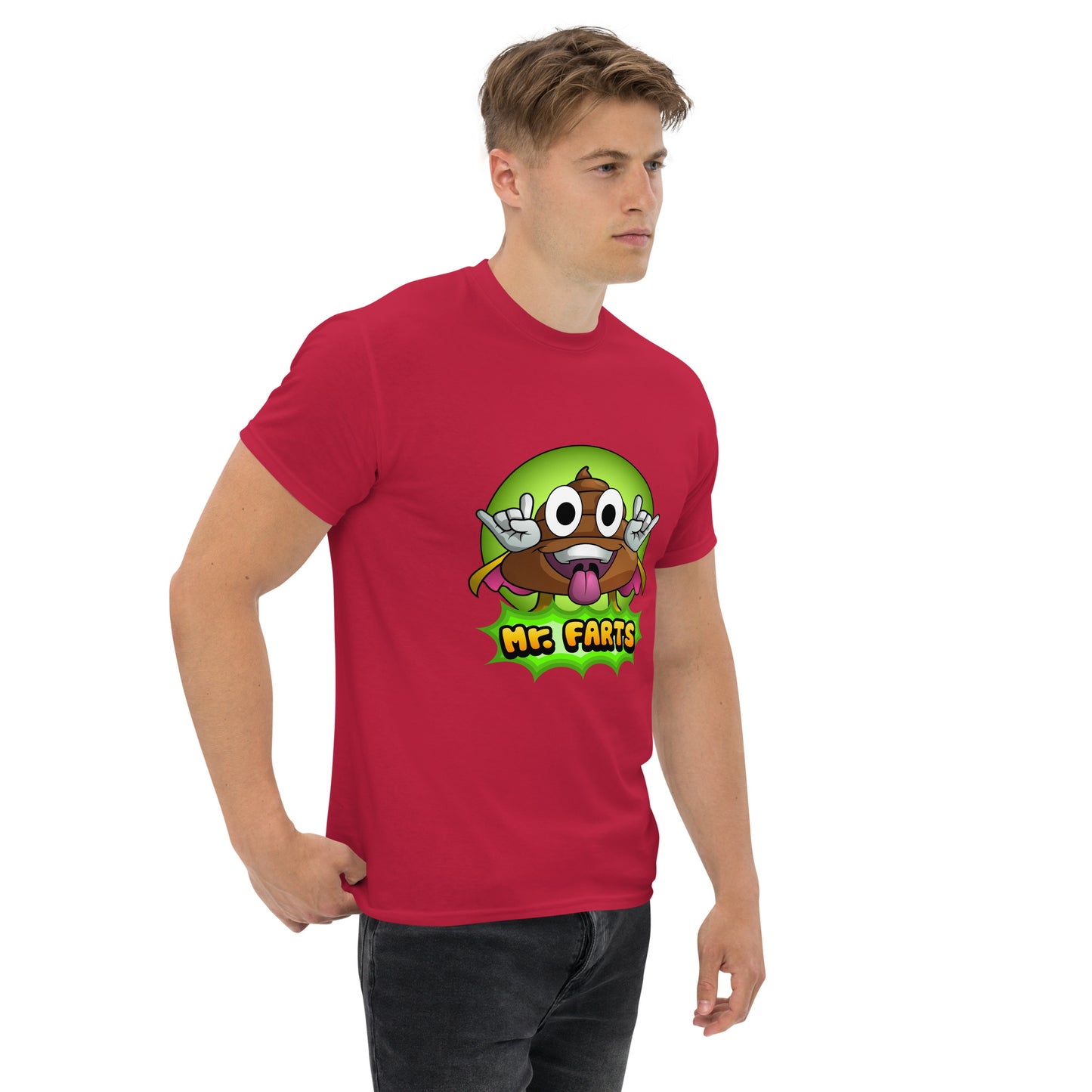 Right angled view of Mr Farts t-shirt in red