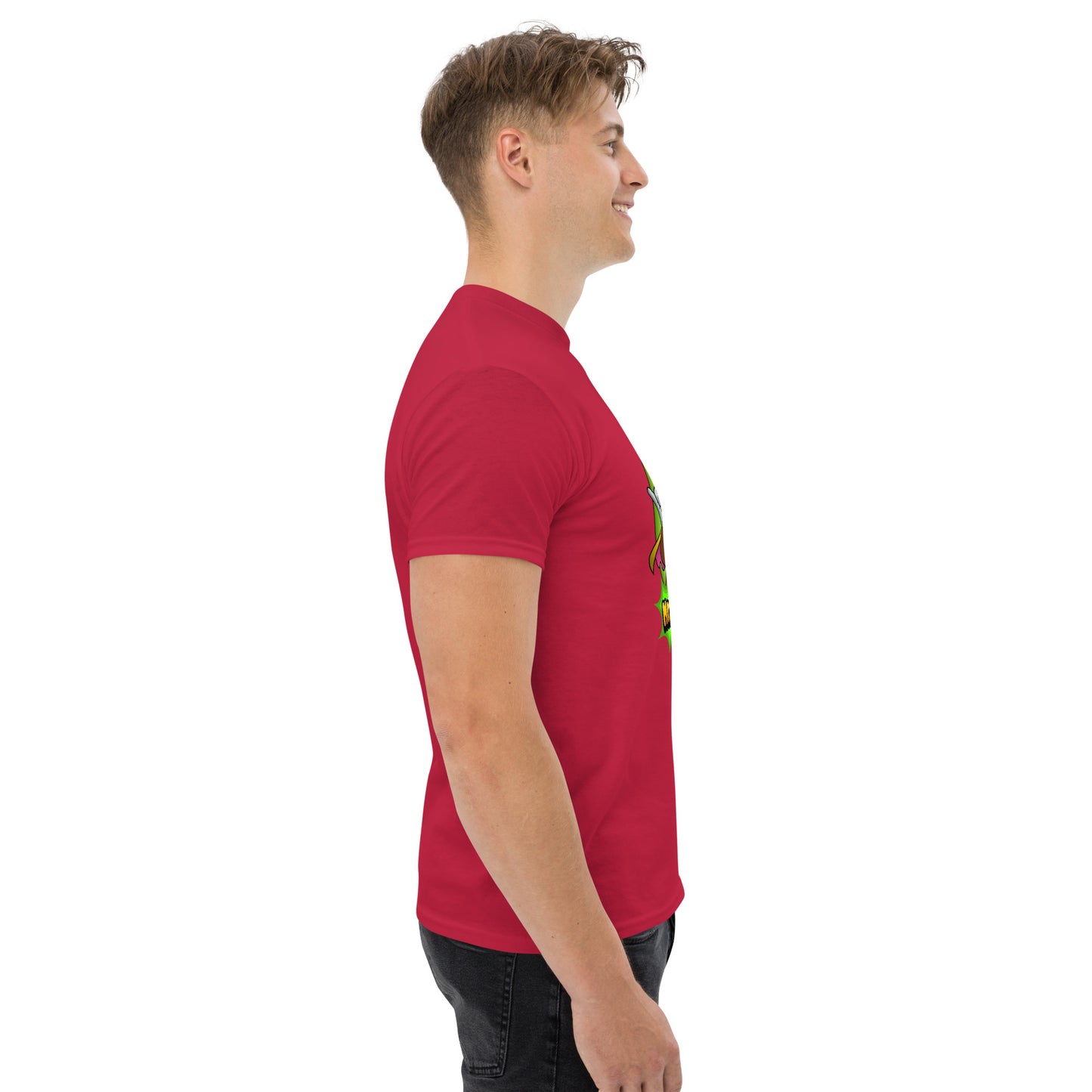 Right side profile of Mr Farts t-shirt in Red