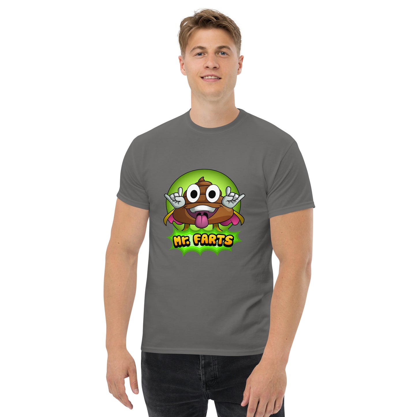 Front view of Mr Farts classic t-shirt in charcoal