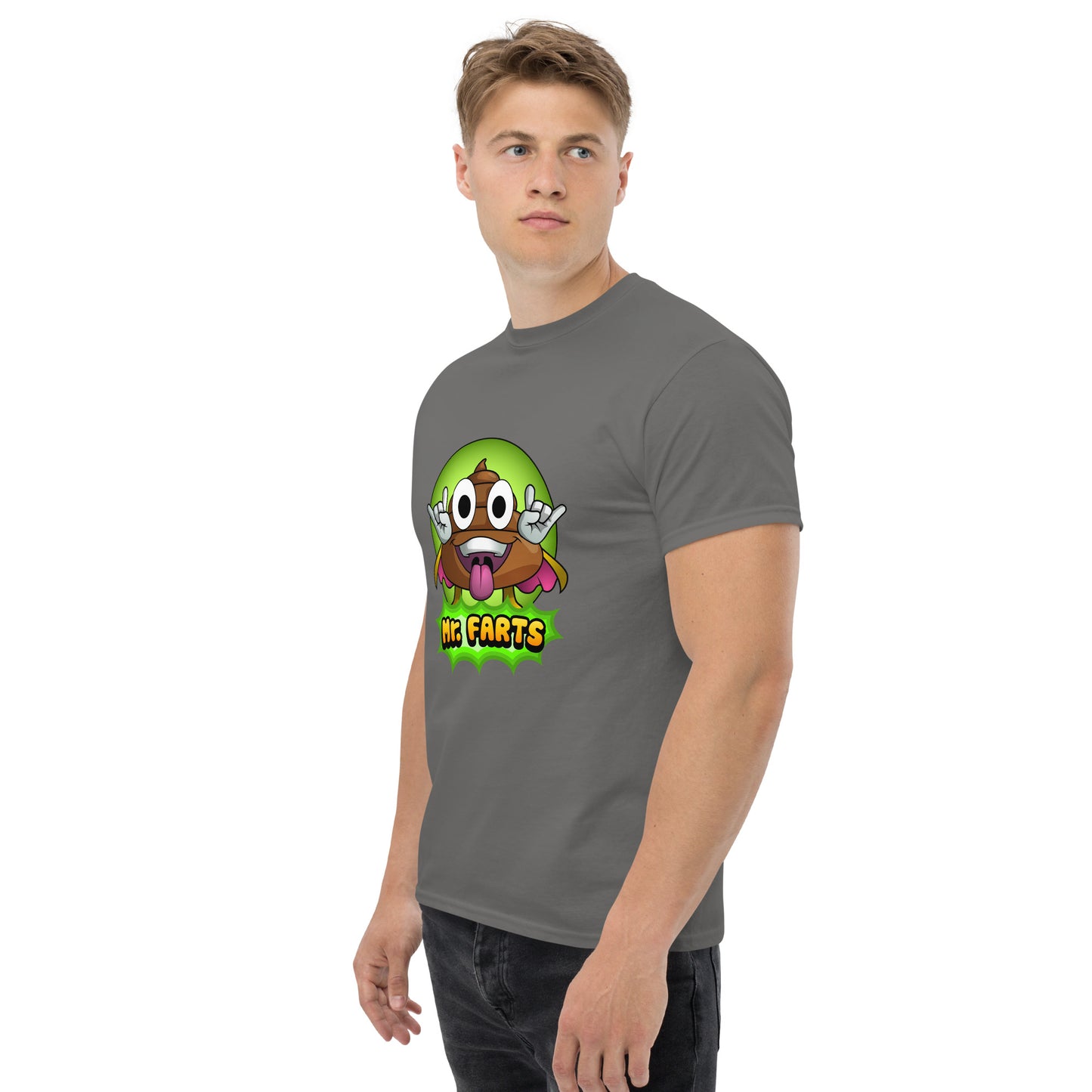 Left angled view of Mr Farts t-shirt in charcoal