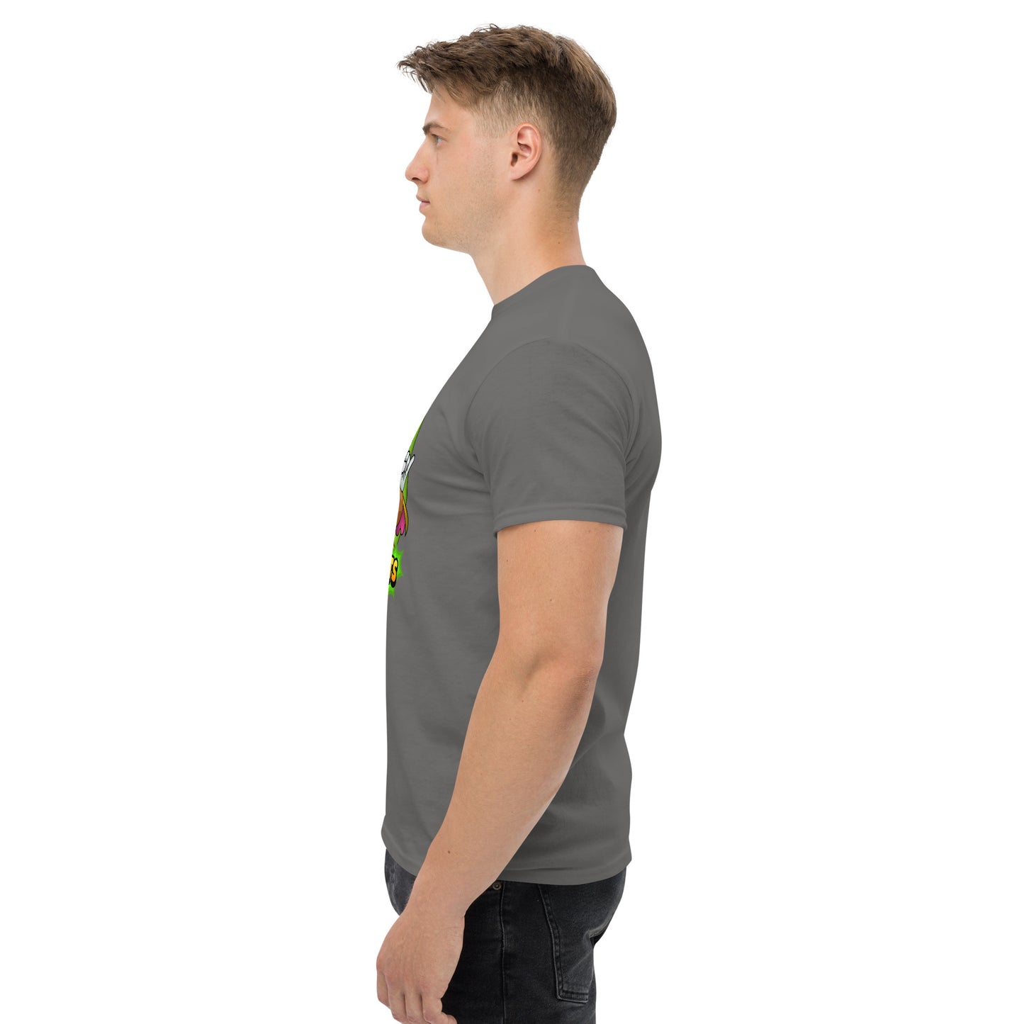 left side profile of Mr Farts t-shirt in Charcoal