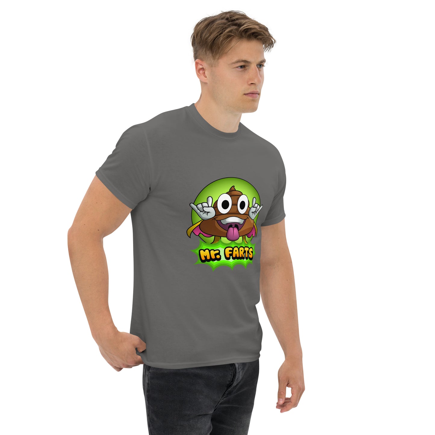 Right angled view of Mr Farts t-shirt in charcoal
