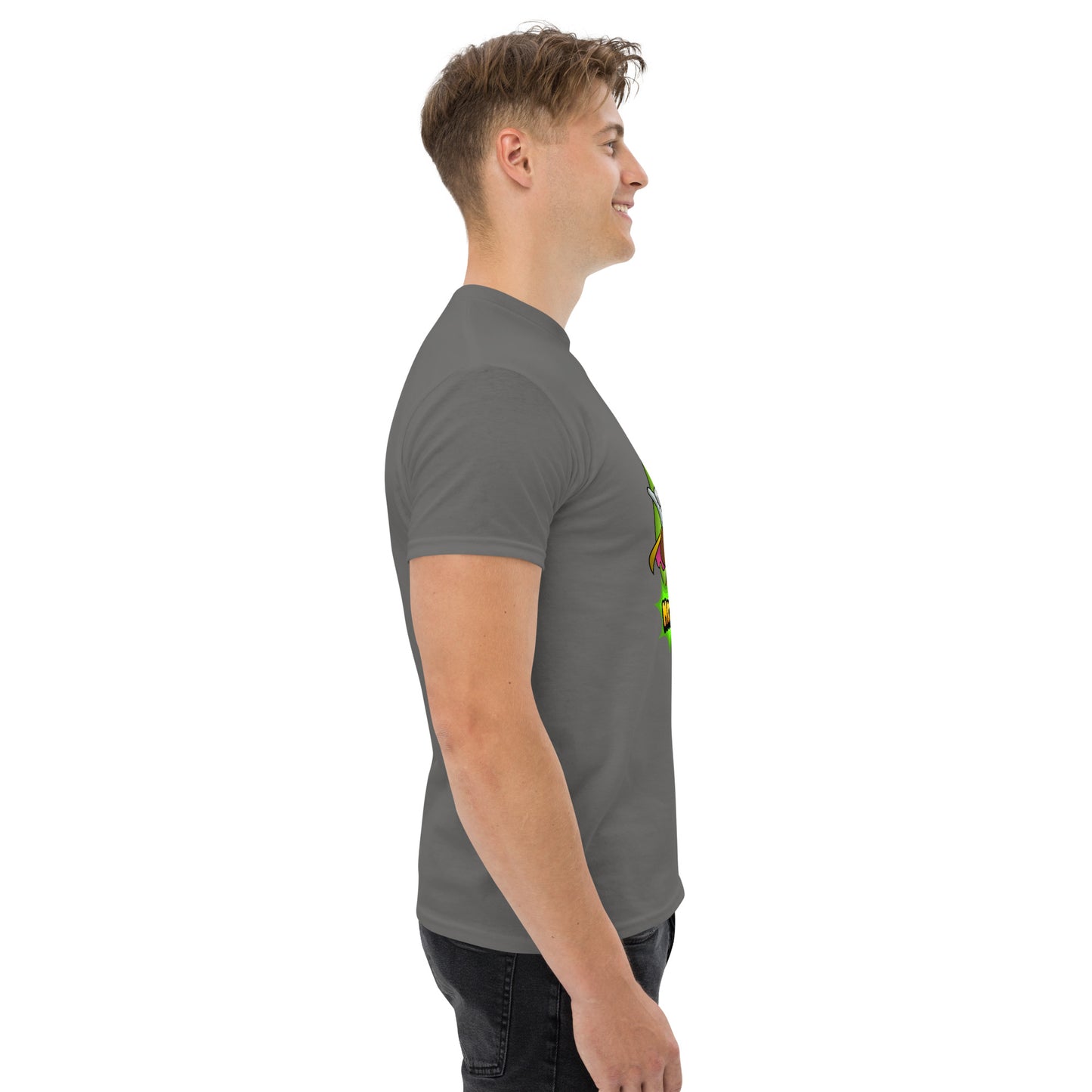 Right side profile of Mr Farts t-shirt in charcoal