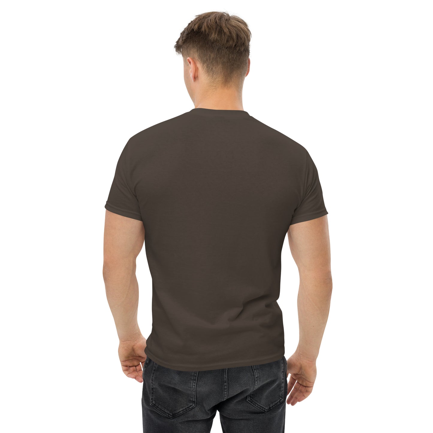 Back view of Mr Farts classic t-shirt in dark chocolate