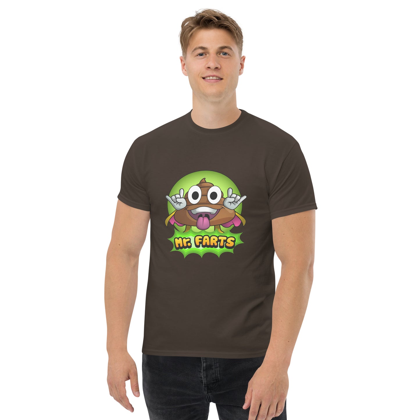 Front view of Mr Farts classic t-shirt in Dark Chocolate