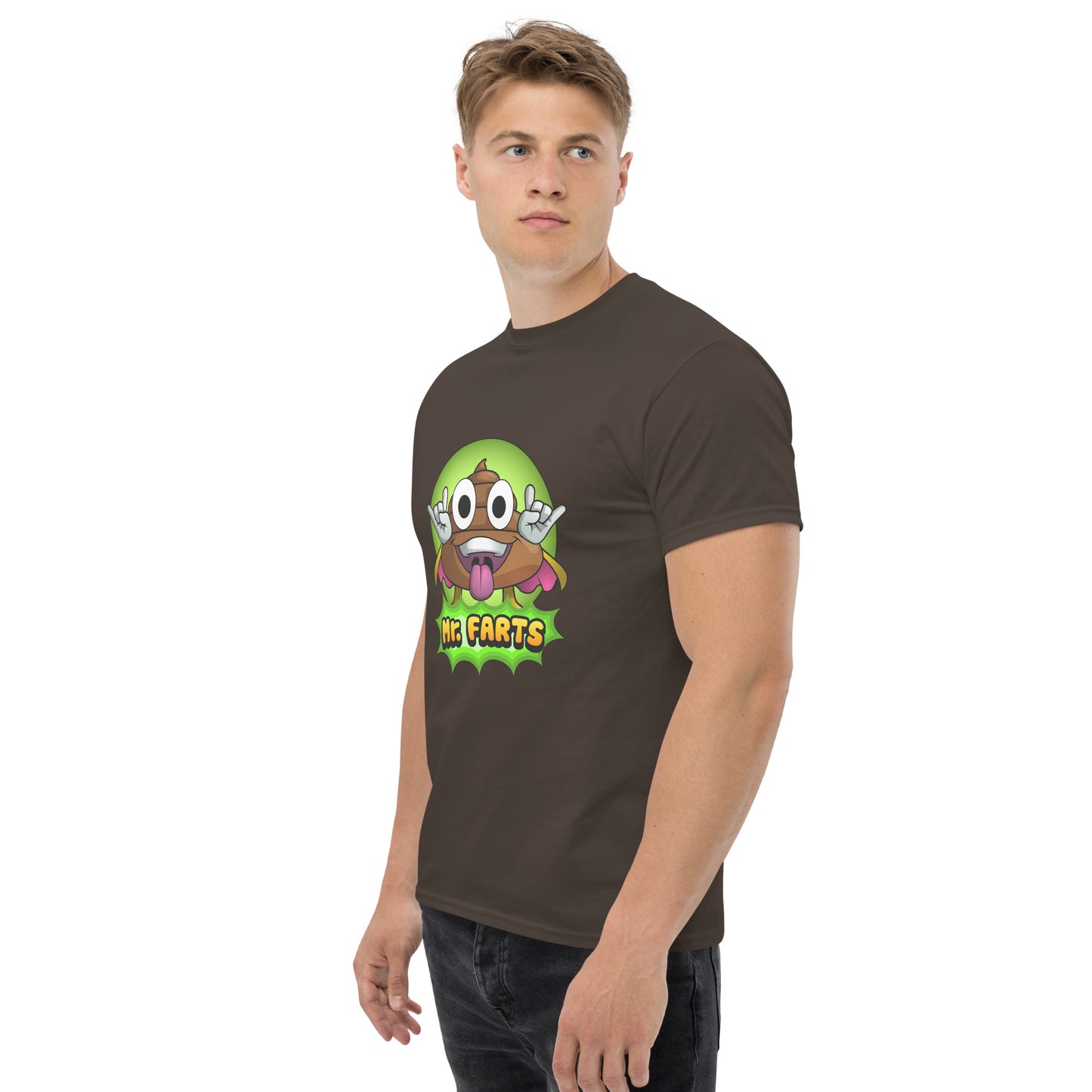 Left angled view of Mr Farts t-shirt in dark chocolate