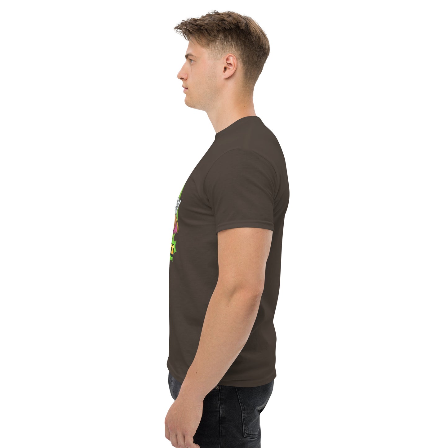 Left side profile of Mr Farts t-shirt in dark chocolate