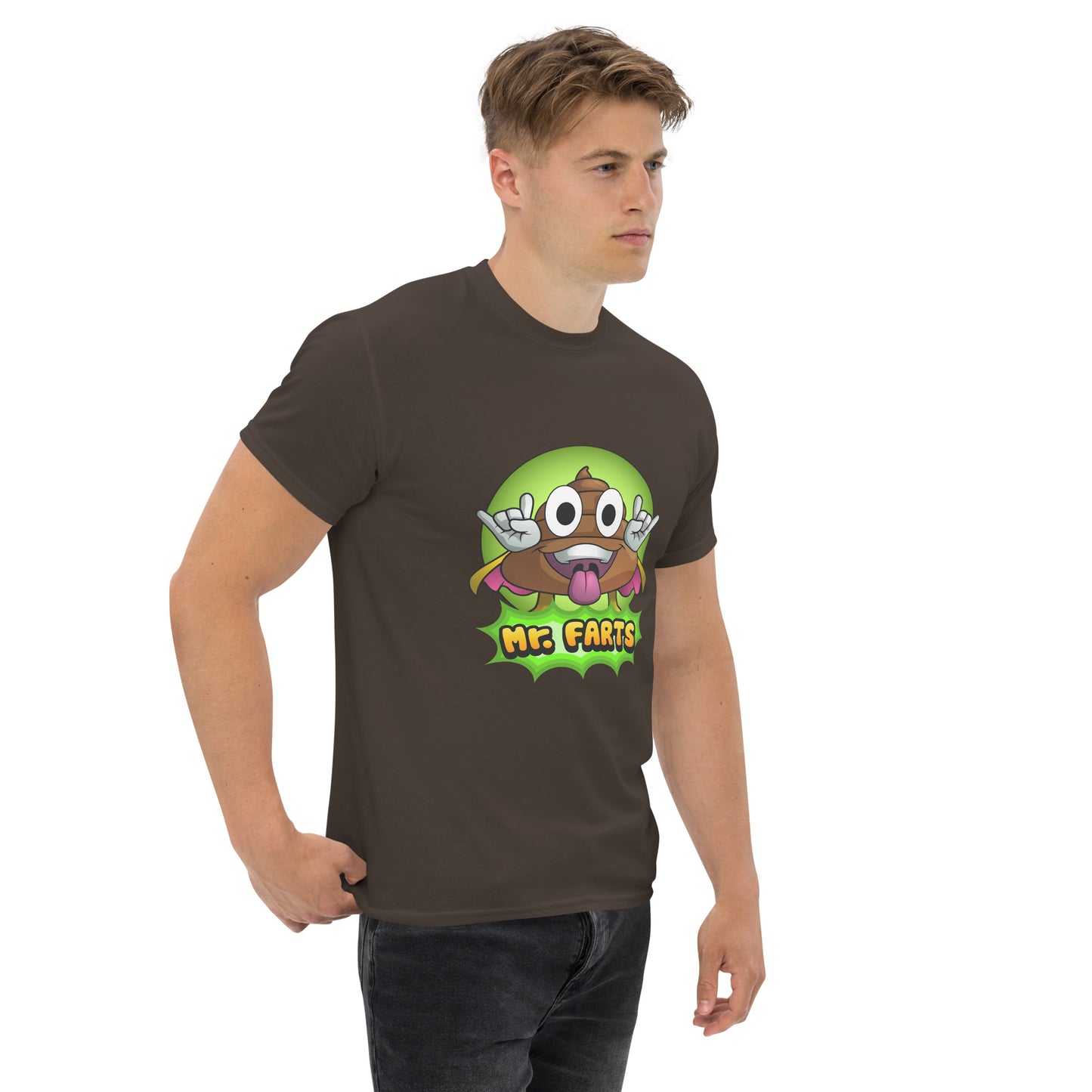 Right angled view of Mr Farts t-shirt in dark chocolate