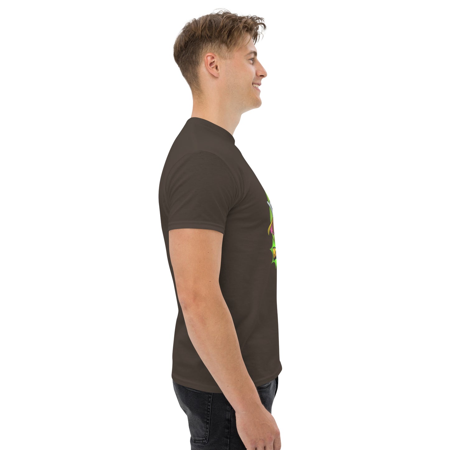 Right side profile of Mr Farts t-shirt in dark chocolate