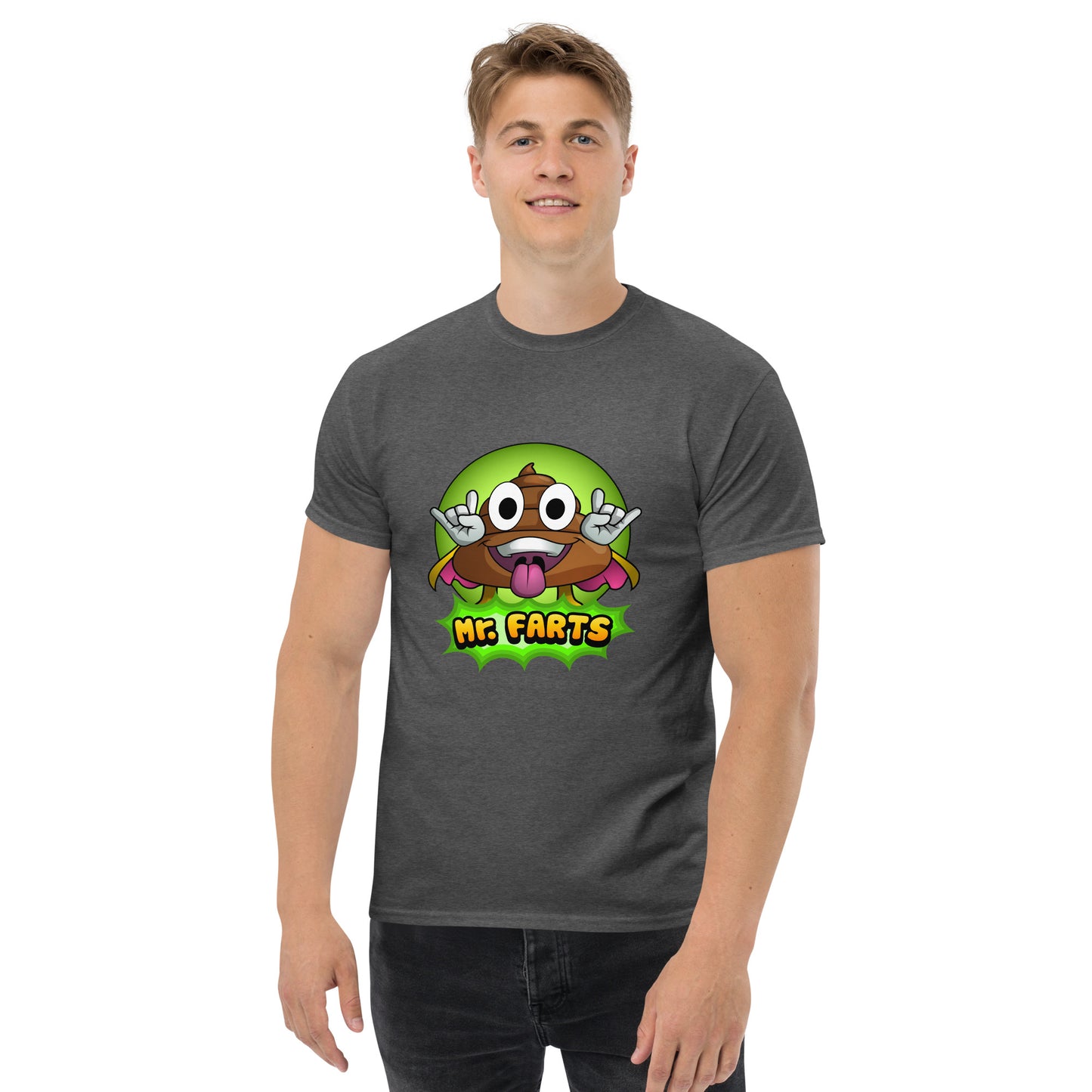 Front view of Mr Farts classic t-shirt in dark heather