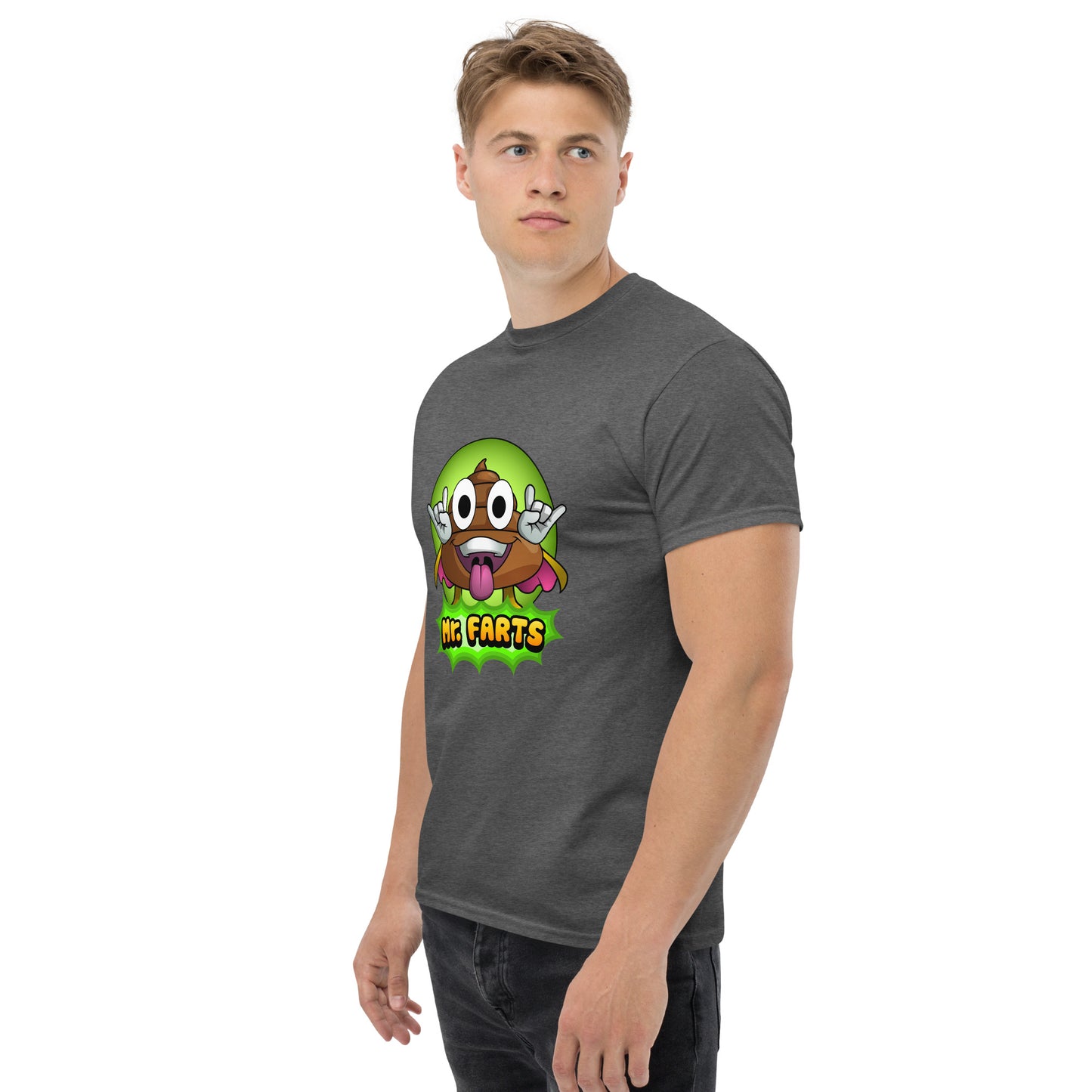 Left angled view of Mr Farts t-shirt in dark heather