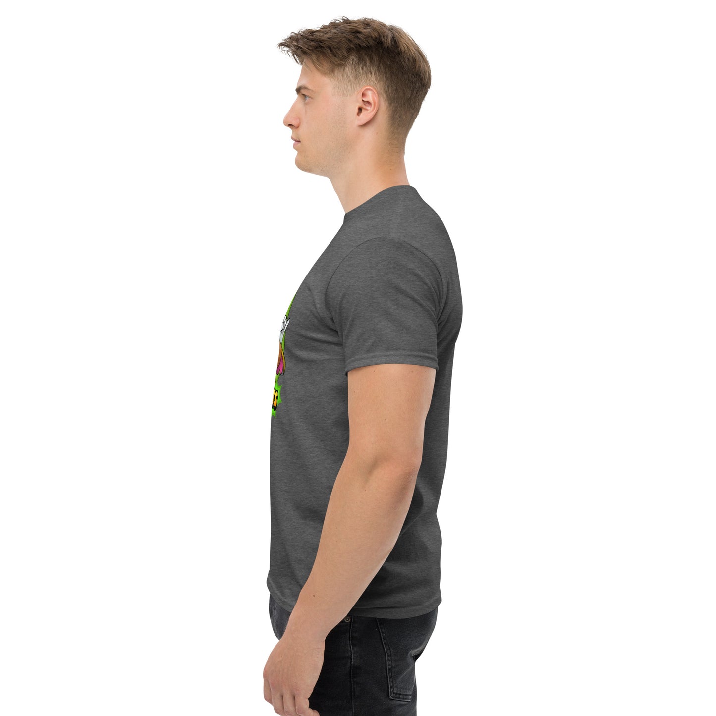 Left side profile of Mr Farts t-shirt in dark heather