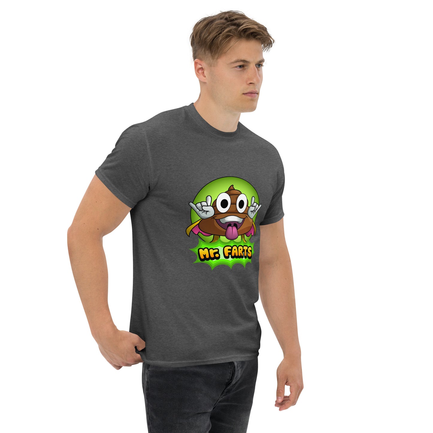 Right angled view of Mr Farts t-shirt in dark heather
