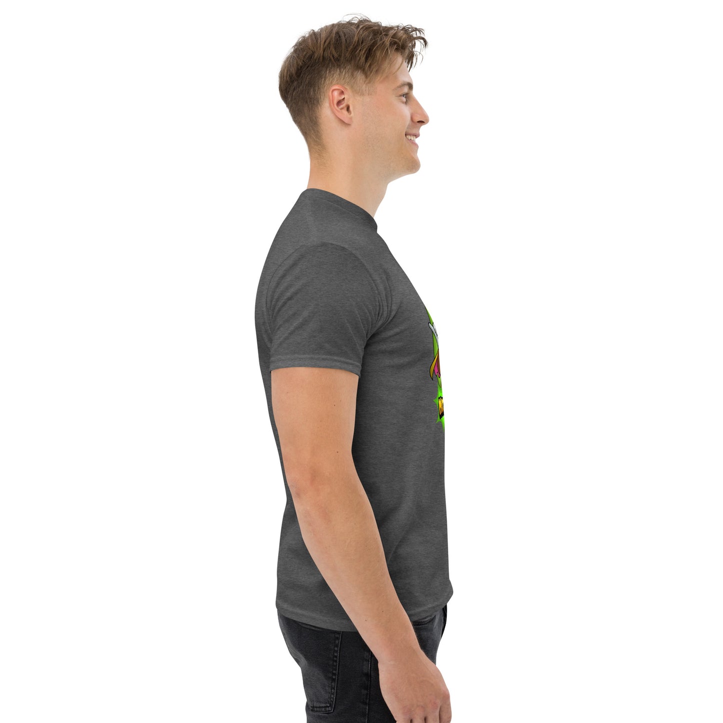 Right side profile of Mr Farts t-shirt in dark heather