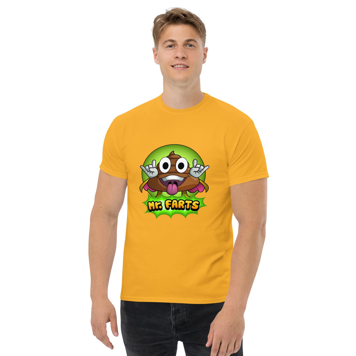 Front view of Mr Farts classic t-shirt in yellow