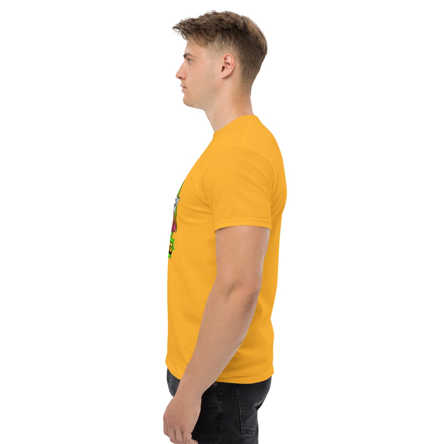 Left side profile of Mr Farts t-shirt in mr farts