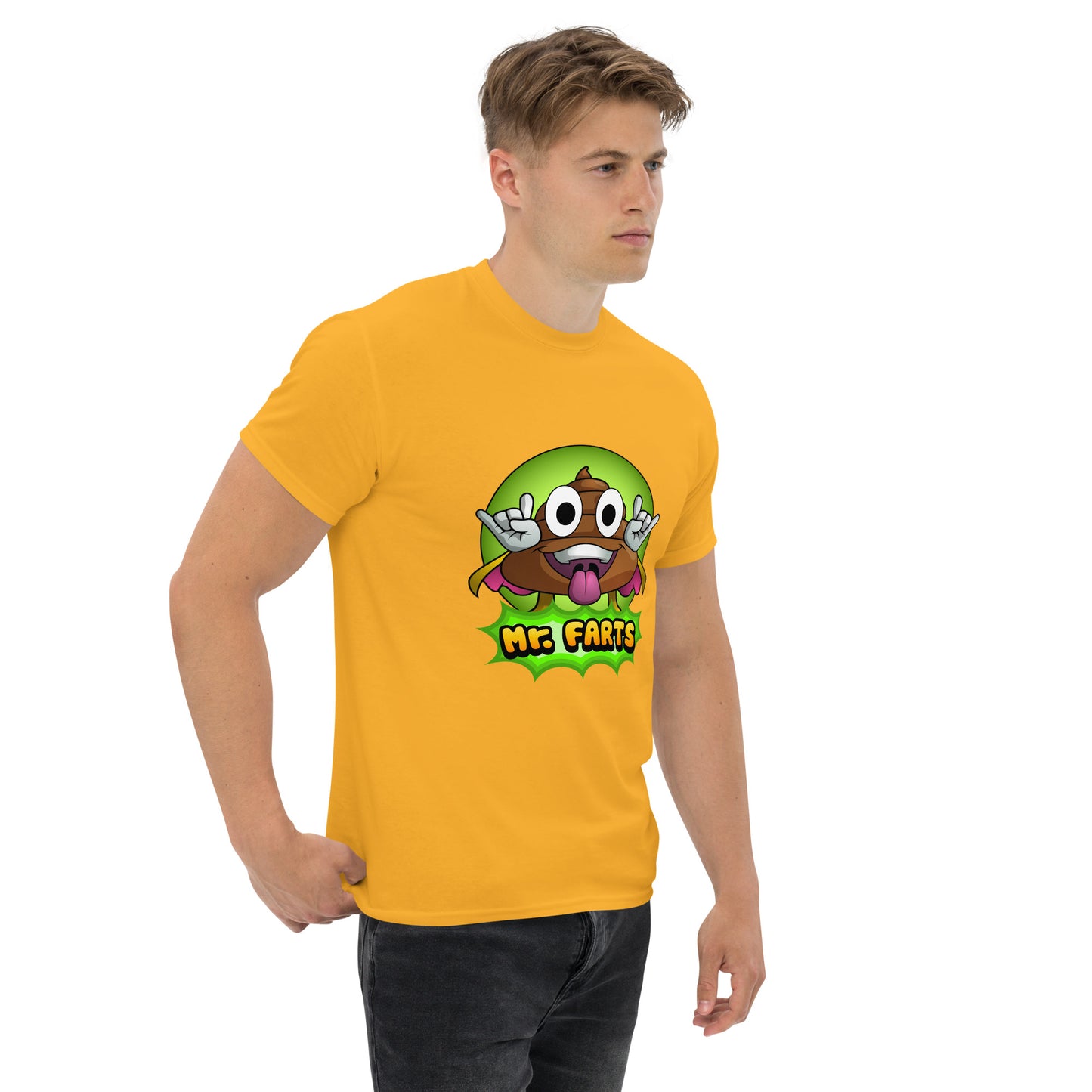 Right angled view of Mr Farts t-shirt in gold