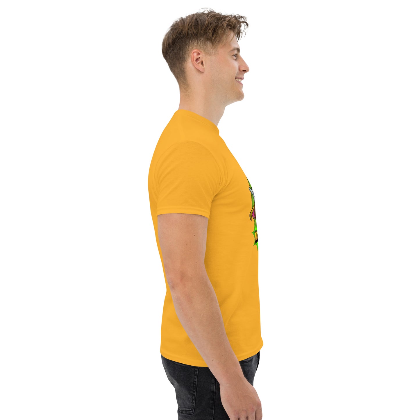 Right side profile of Mr Farts t-shirt in gold