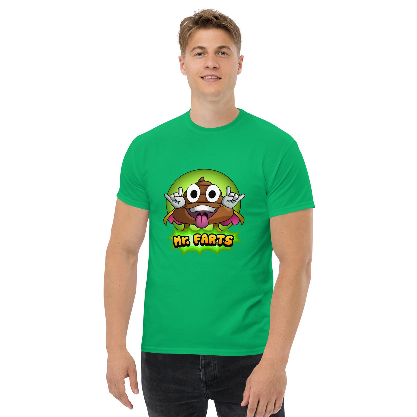 Front view of Mr Farts classic t-shirt in green