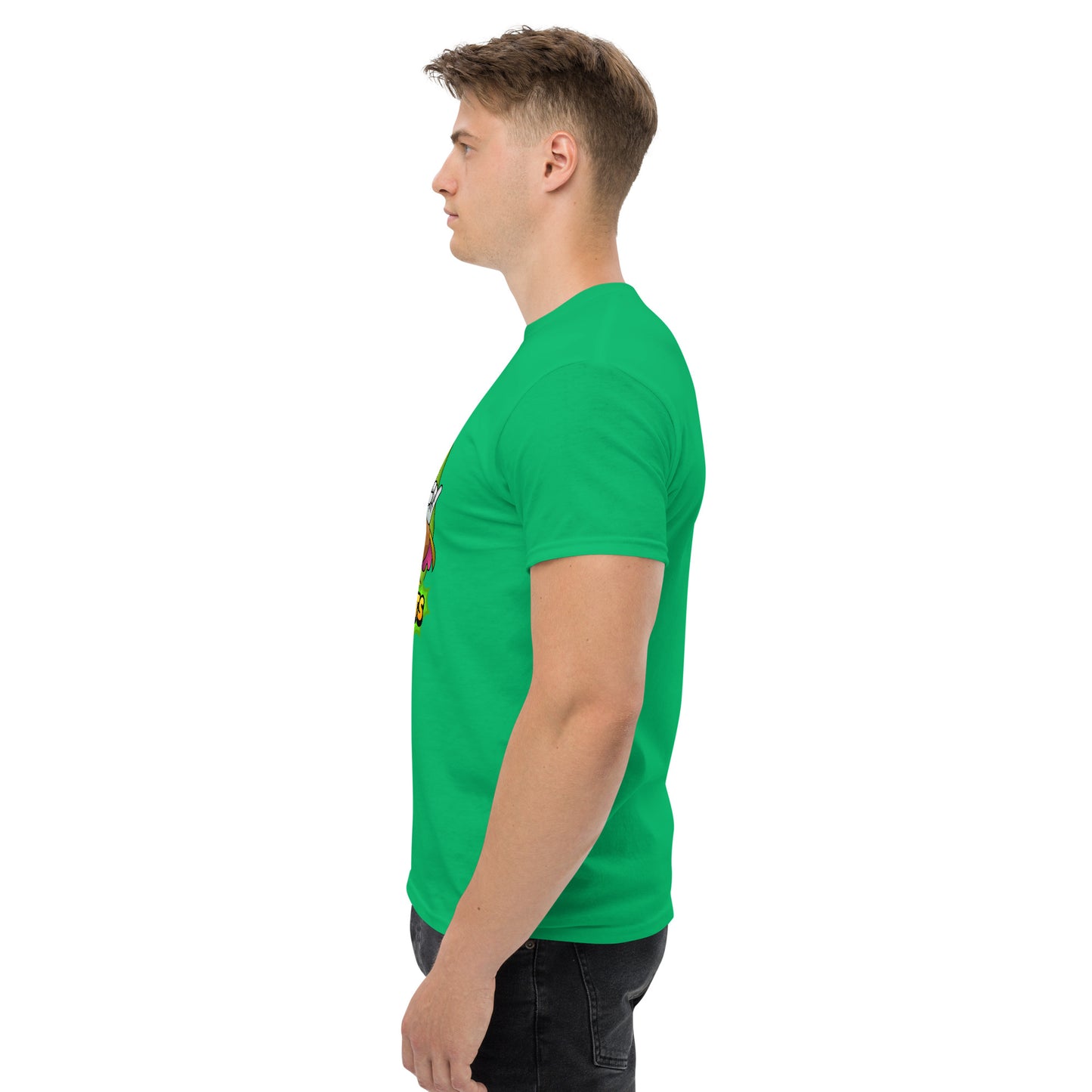 Left side profile of Mr Farts t-shirt in green