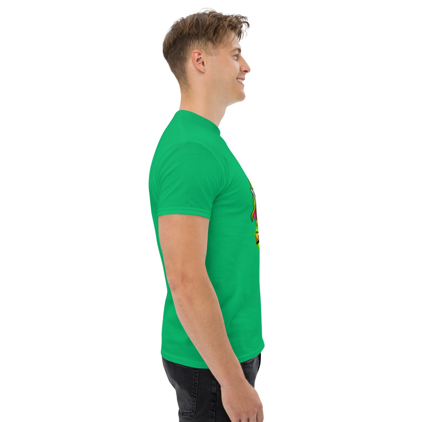 Right side profile of Mr Farts t-shirt in green