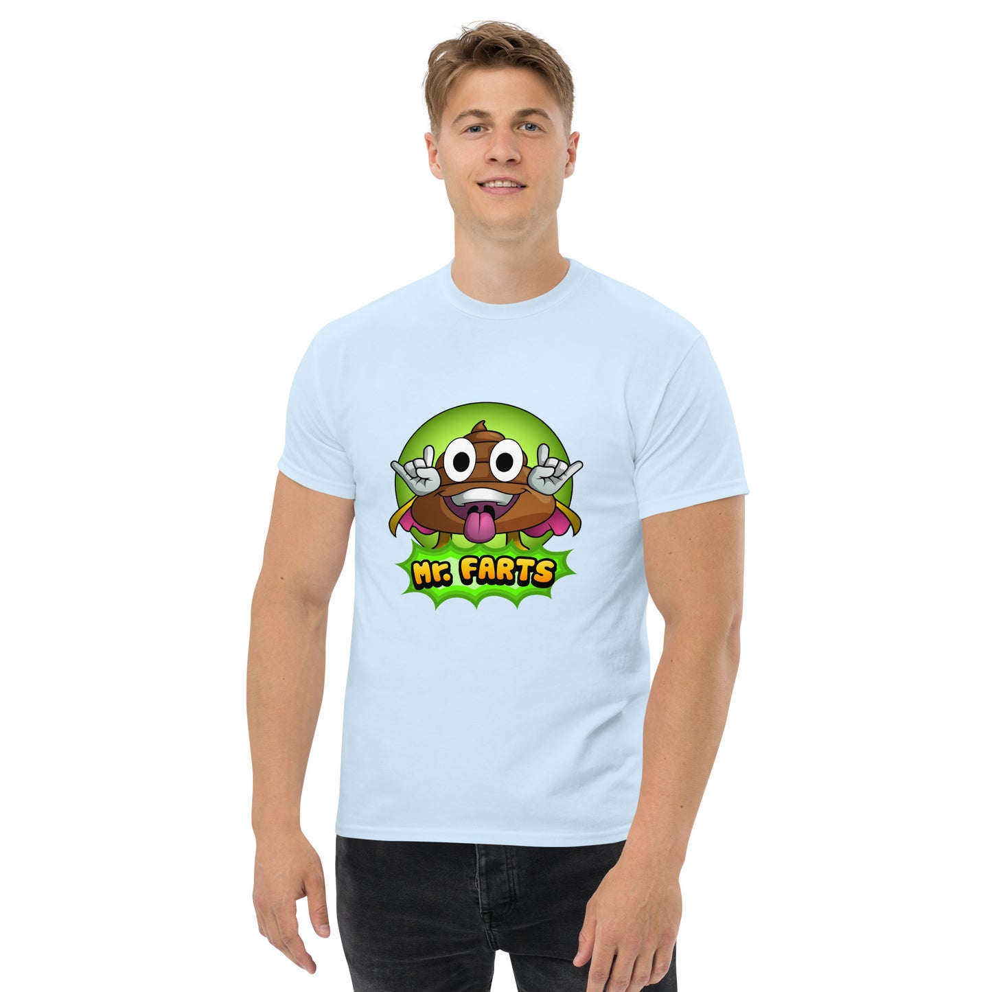 Front view of Mr Farts classic t-shirt in light blue