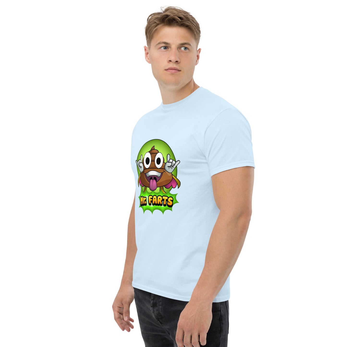 Left angled view of Mr Farts t-shirt in light blue