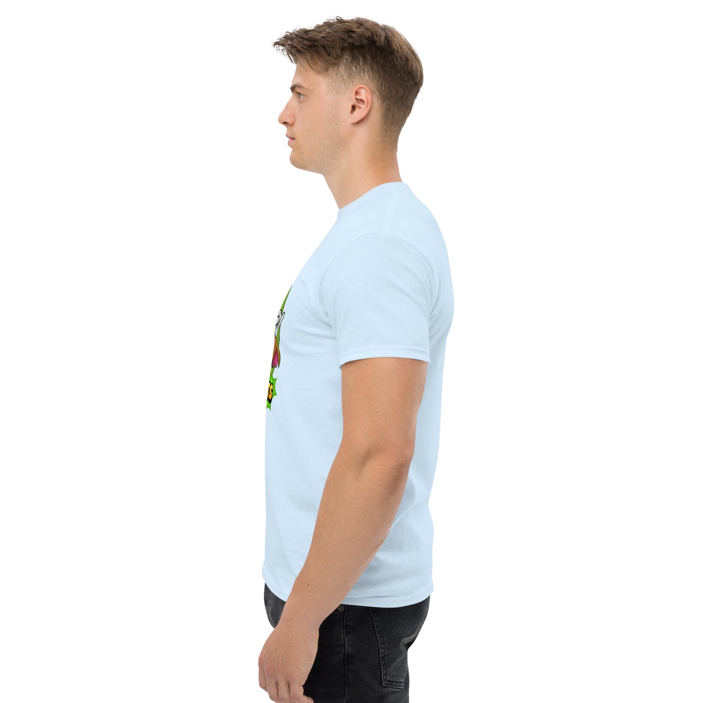 Left side profile of Mr Farts t-shirt in light blue