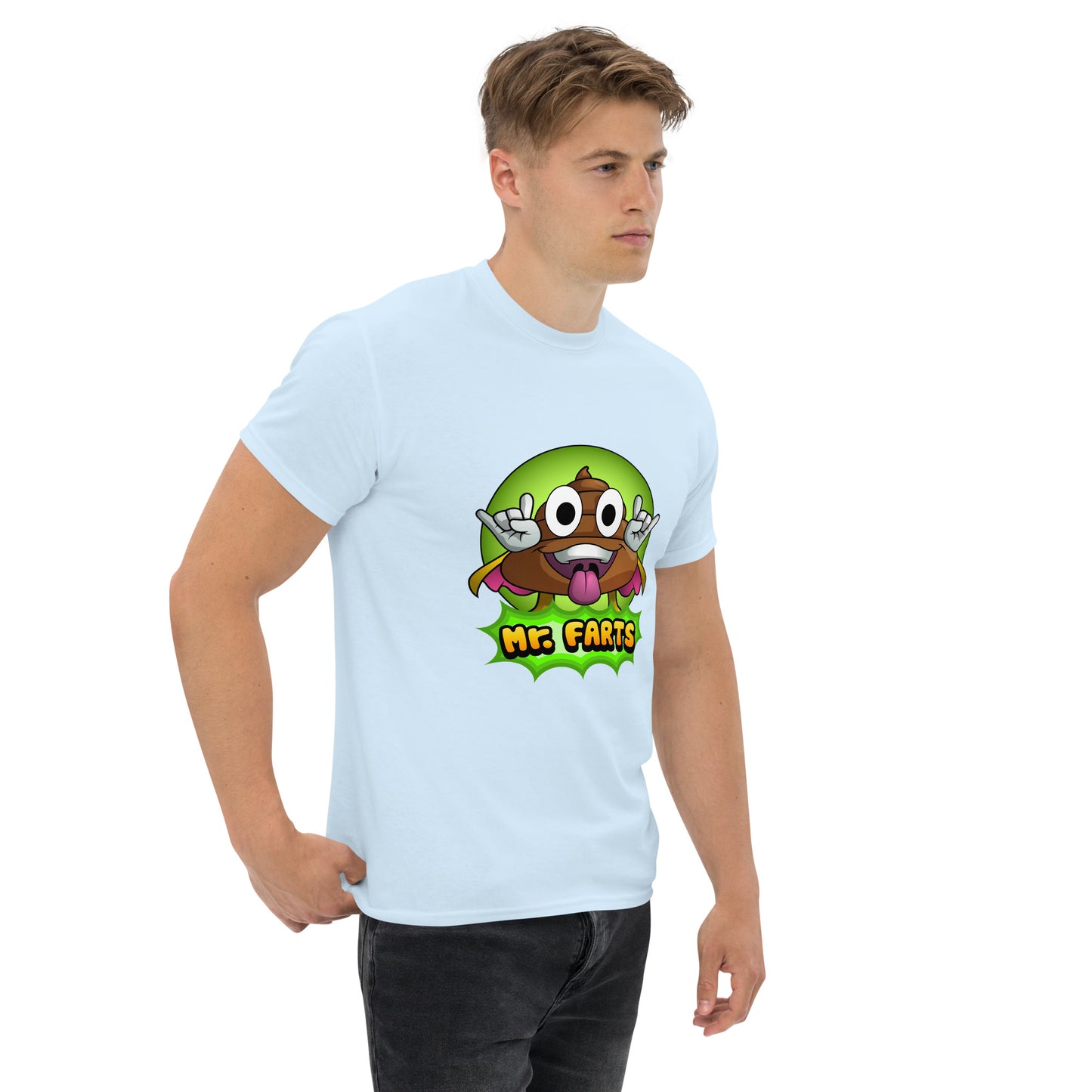 Right angled view of Mr Farts t-shirt in light blue