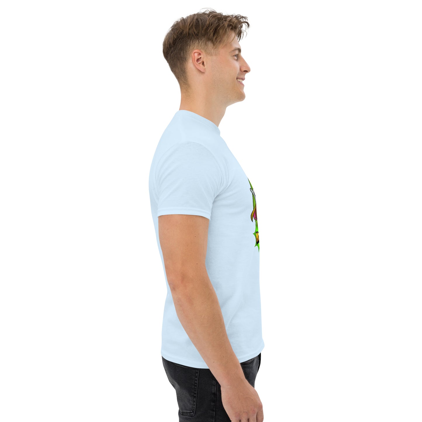 Right side profile of Mr Farts t-shirt in light blue