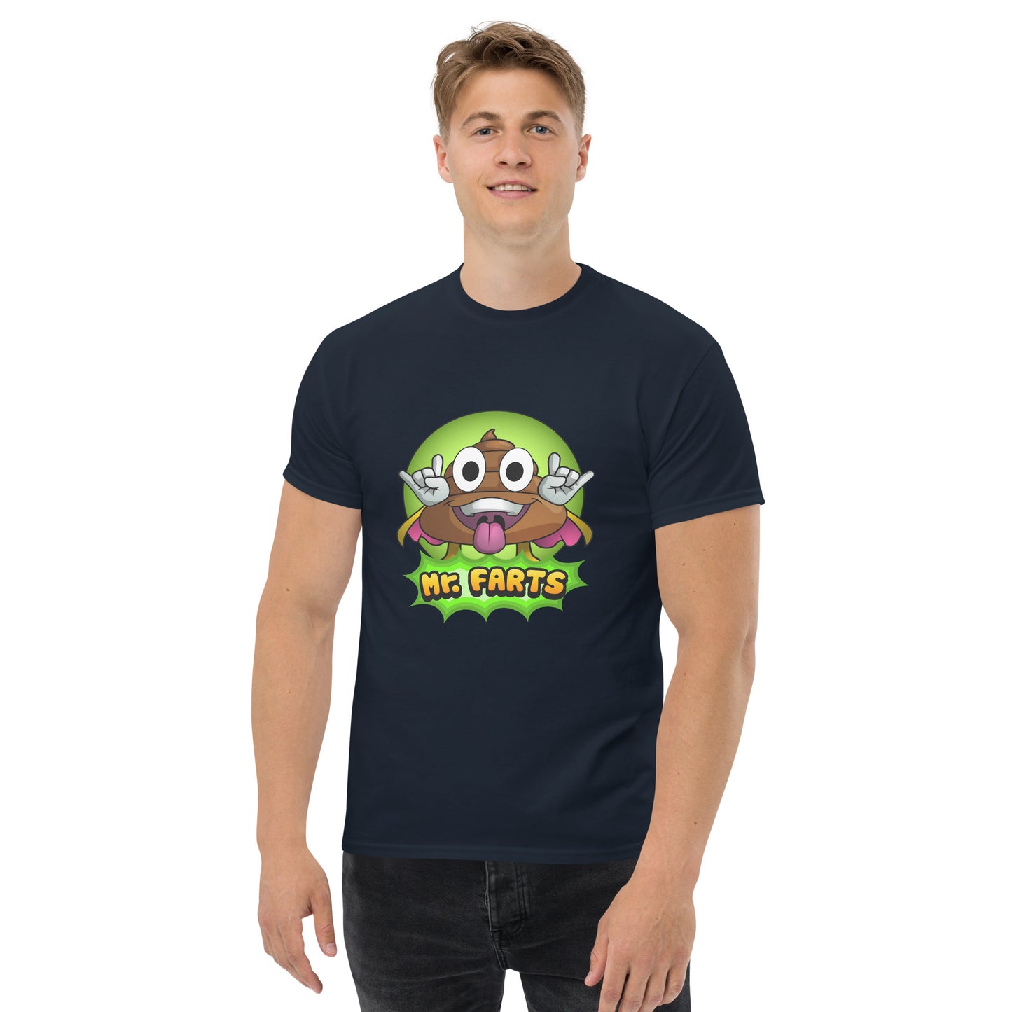 Front view of Mr Farts classic t-shirt in navy