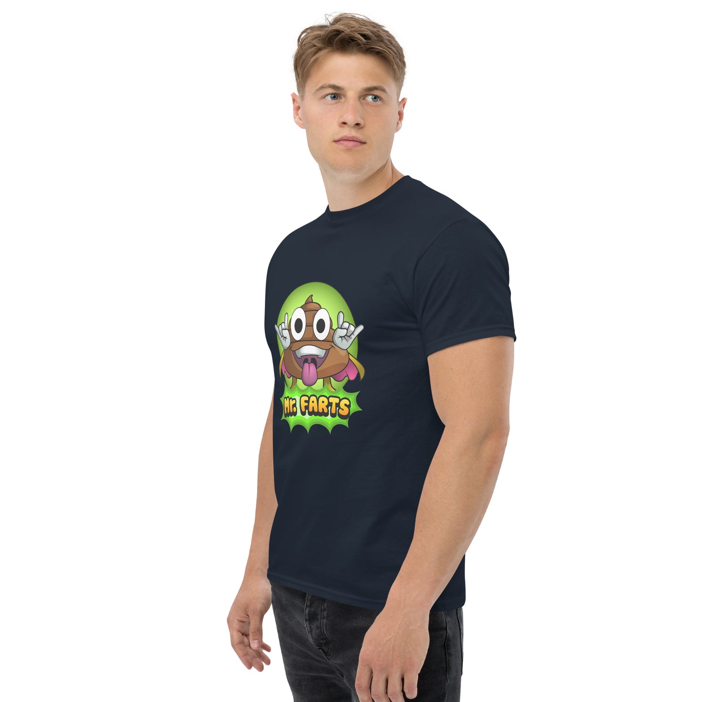 Left angled view of Mr Farts t-shirt in navy