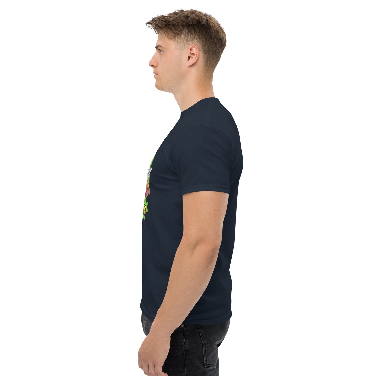 Left side profile of Mr Farts t-shirt in navy